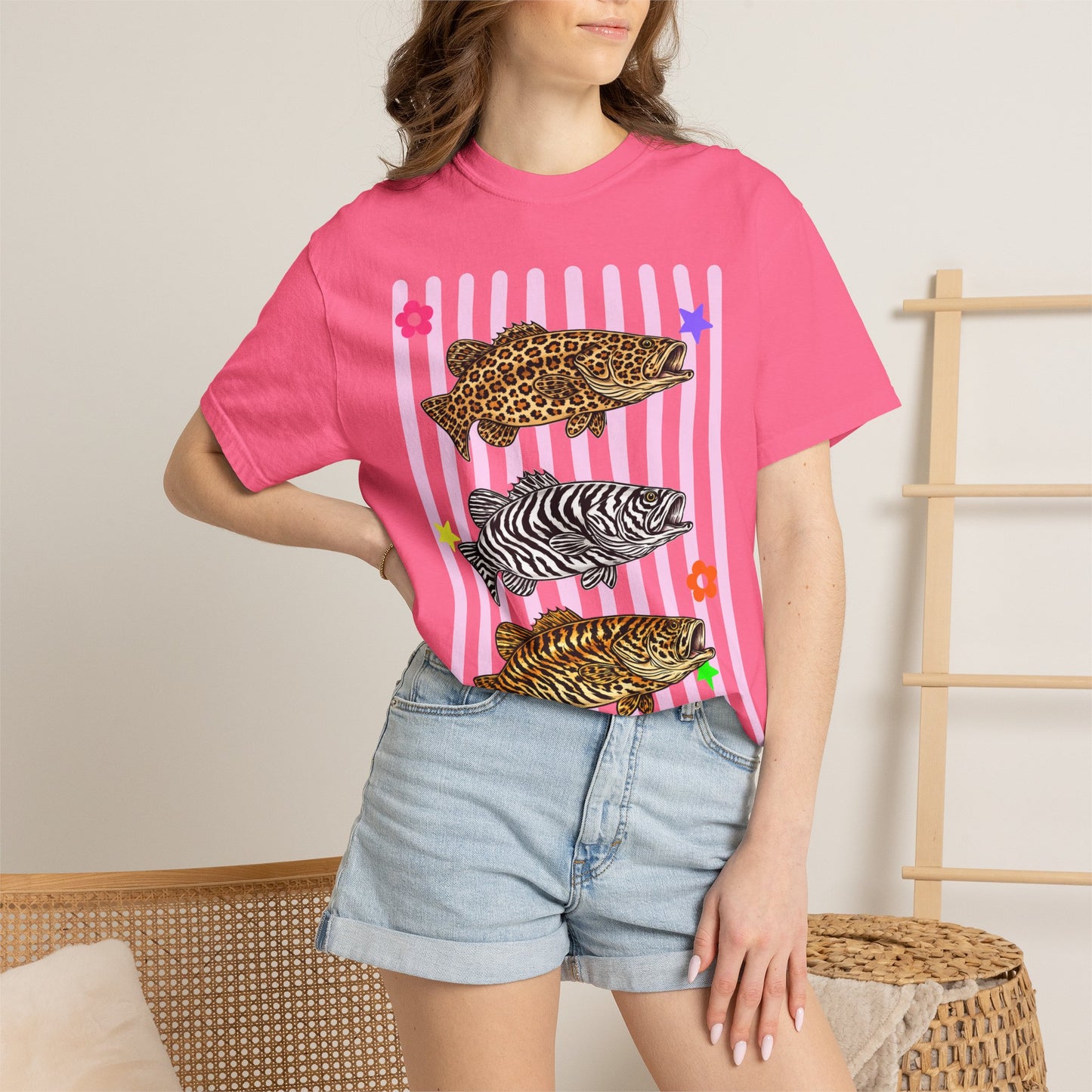 Leopard, Zebra & Tiger Fish Graphic T-Shirt — Cute Floral Striped Animal Print Tee