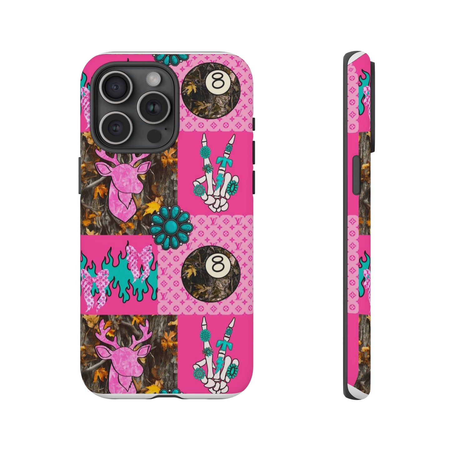 Pink Country Patchwork Phone Case – Billiard 8-Ball, Deer & Skeleton Hand Design