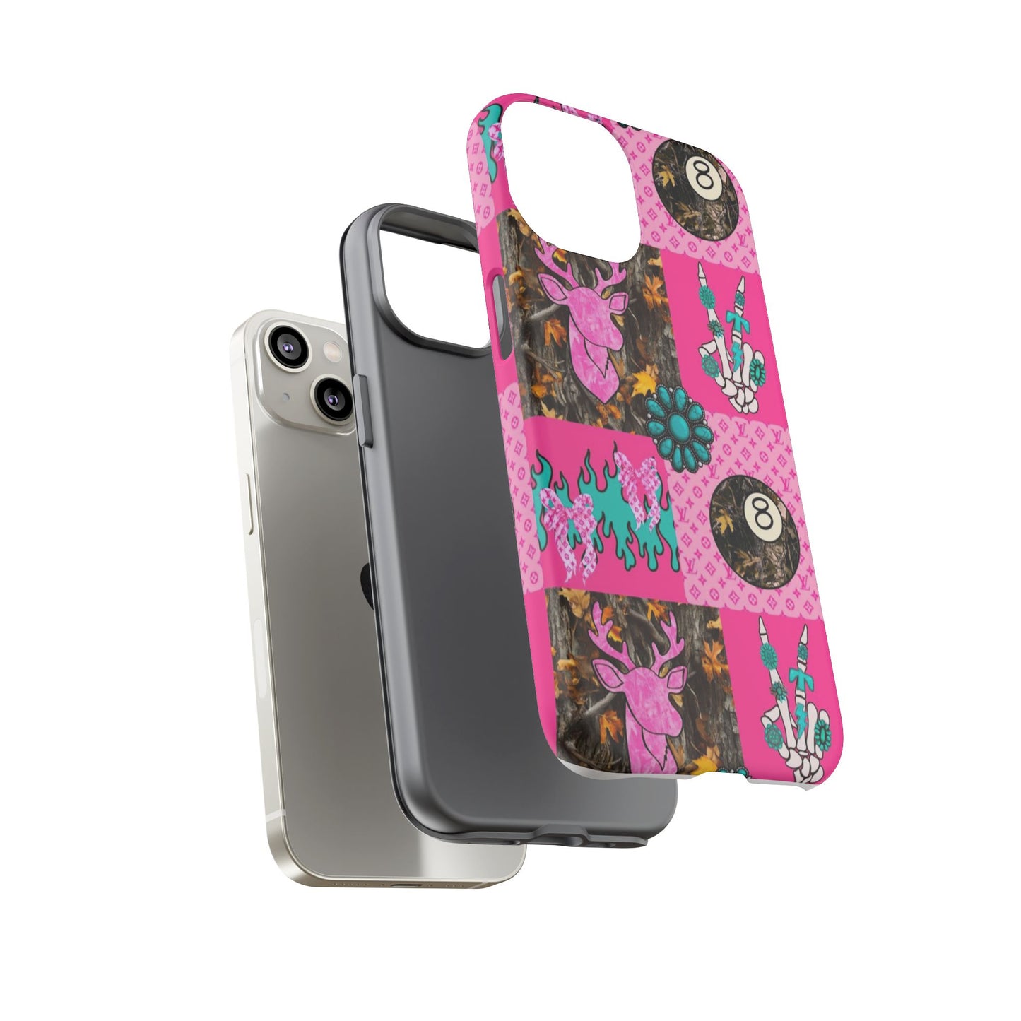 Pink Country Patchwork Phone Case – Billiard 8-Ball, Deer & Skeleton Hand Design
