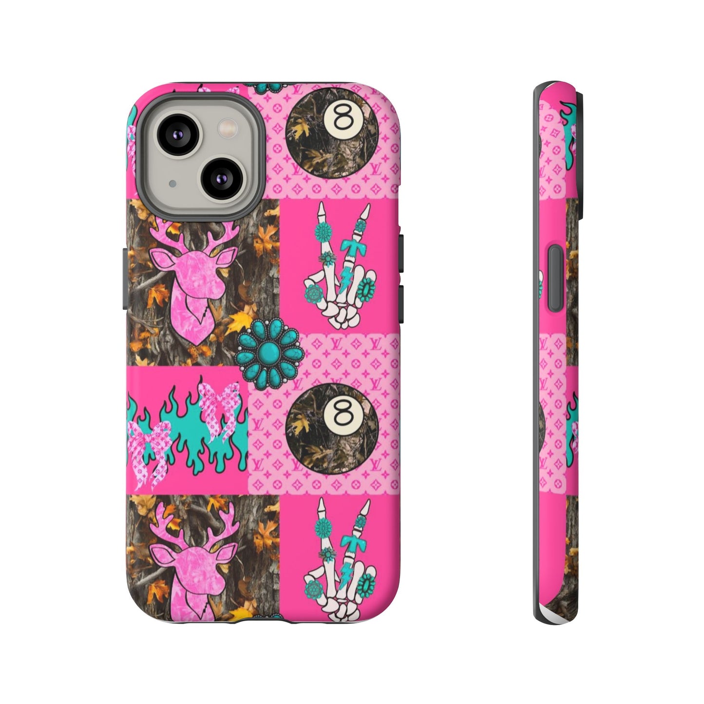 Pink Country Patchwork Phone Case – Billiard 8-Ball, Deer & Skeleton Hand Design