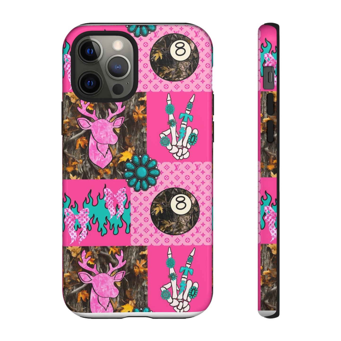 Pink Country Patchwork Phone Case – Billiard 8-Ball, Deer & Skeleton Hand Design