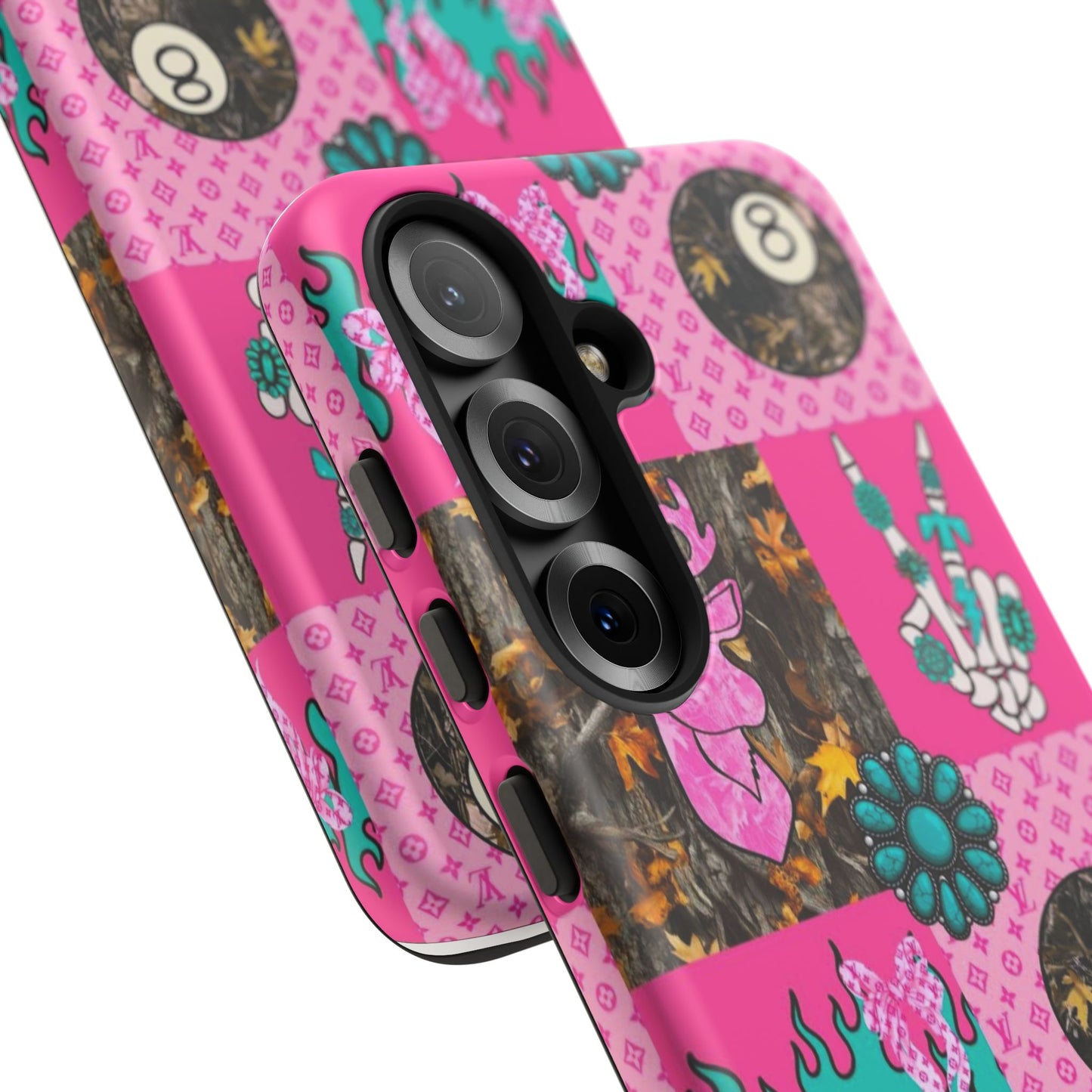 Pink Country Patchwork Phone Case – Billiard 8-Ball, Deer & Skeleton Hand Design