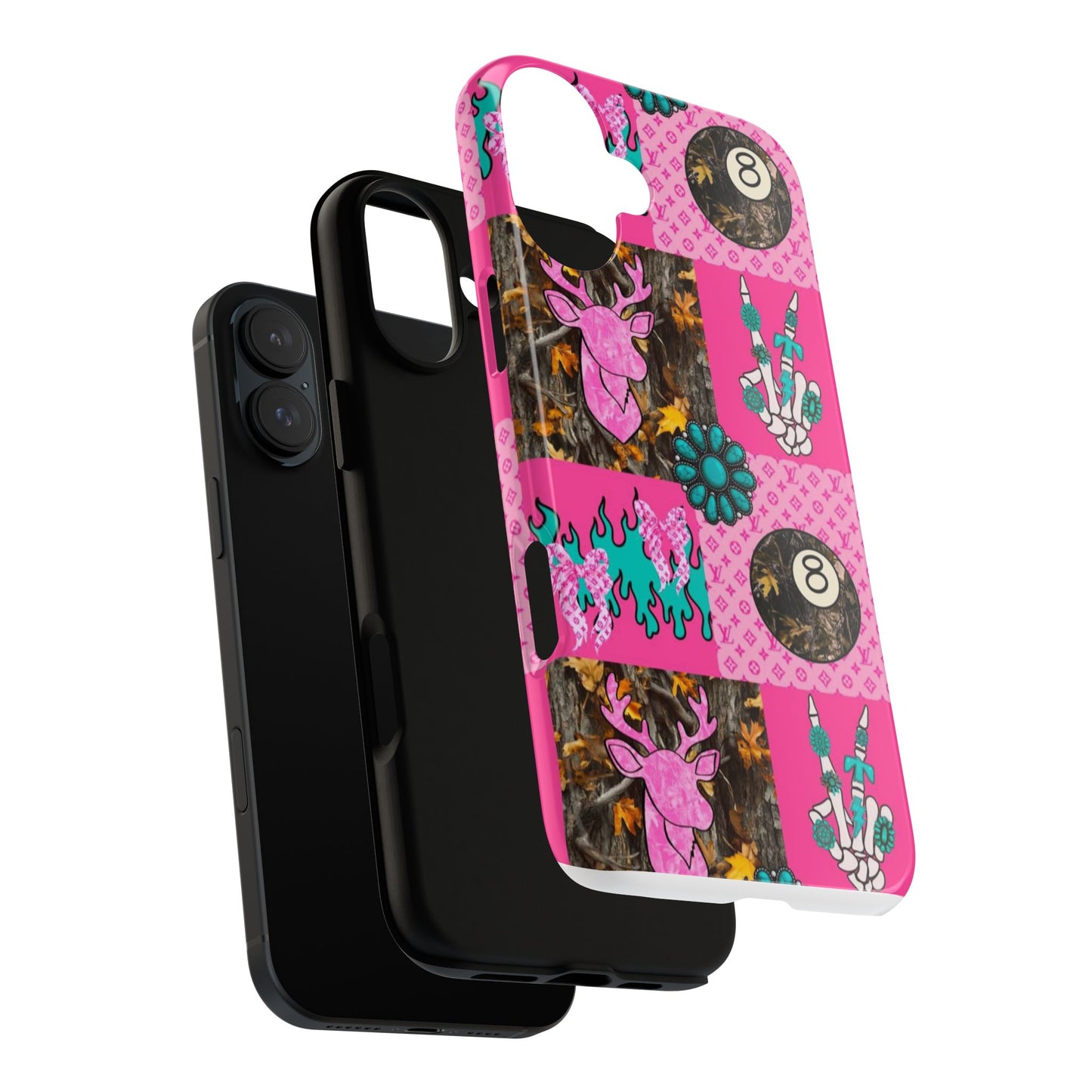 Pink Country Patchwork Phone Case – Billiard 8-Ball, Deer & Skeleton Hand Design