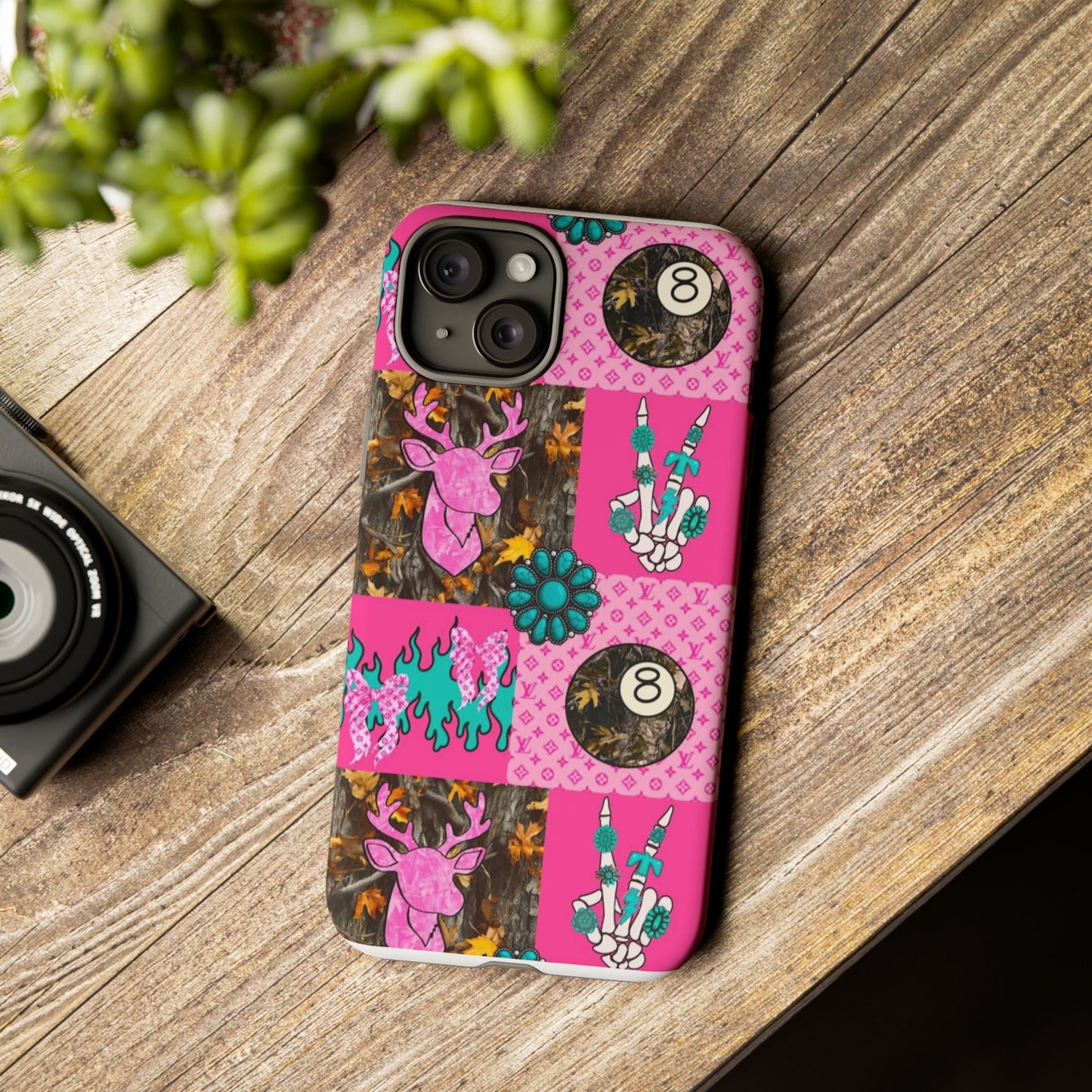 Pink Country Patchwork Phone Case – Billiard 8-Ball, Deer & Skeleton Hand Design