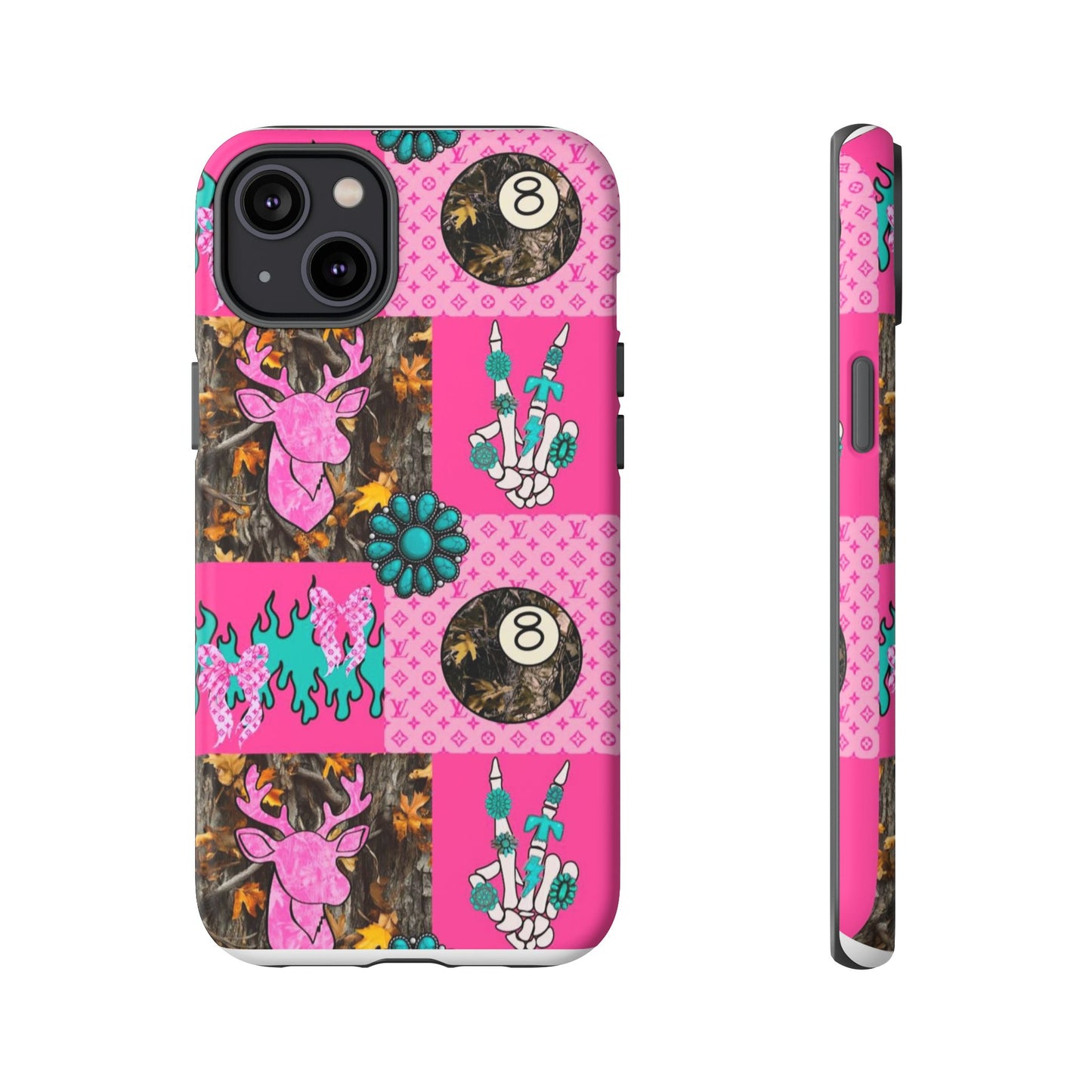 Pink Country Patchwork Phone Case – Billiard 8-Ball, Deer & Skeleton Hand Design