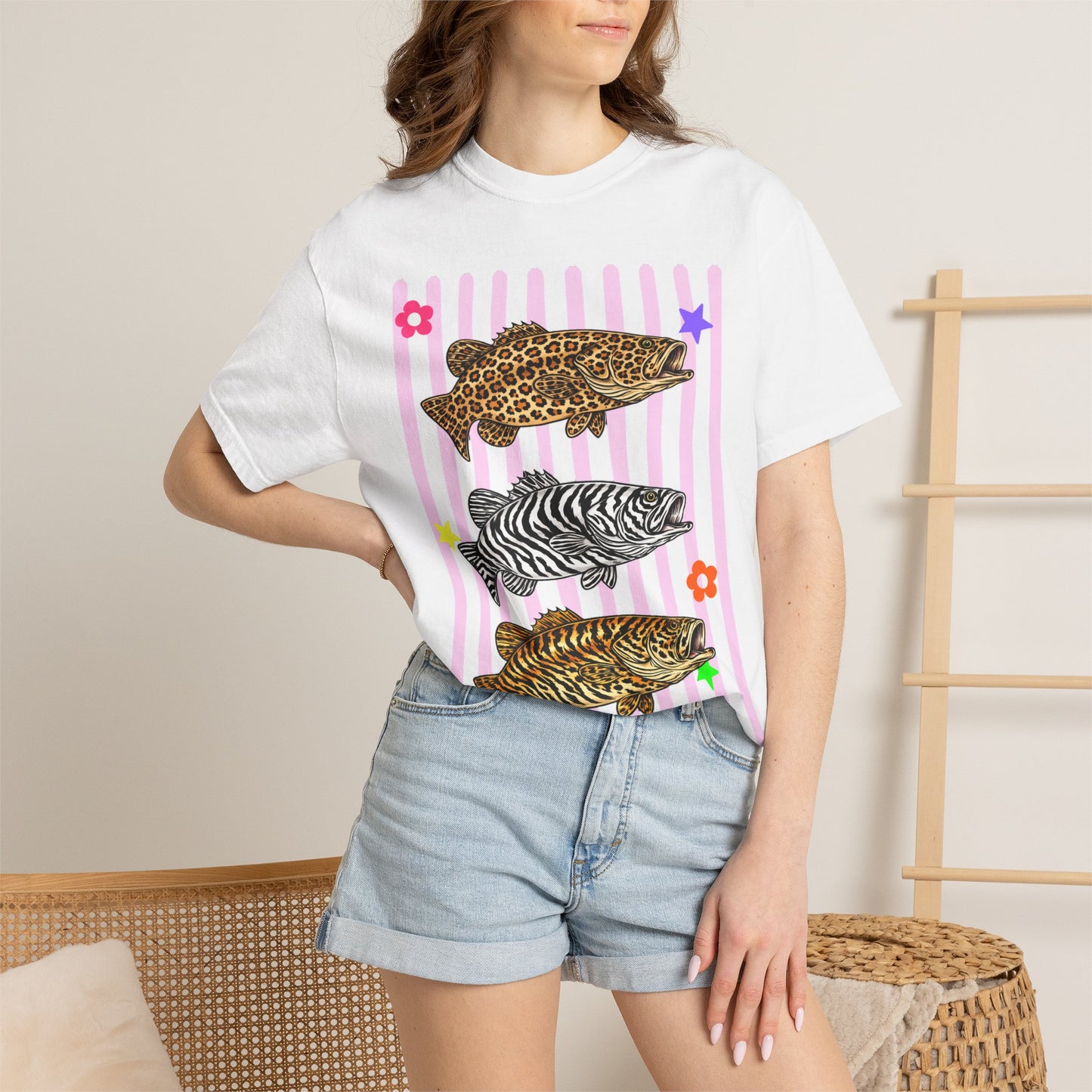 Leopard, Zebra & Tiger Fish Graphic T-Shirt — Cute Floral Striped Animal Print Tee