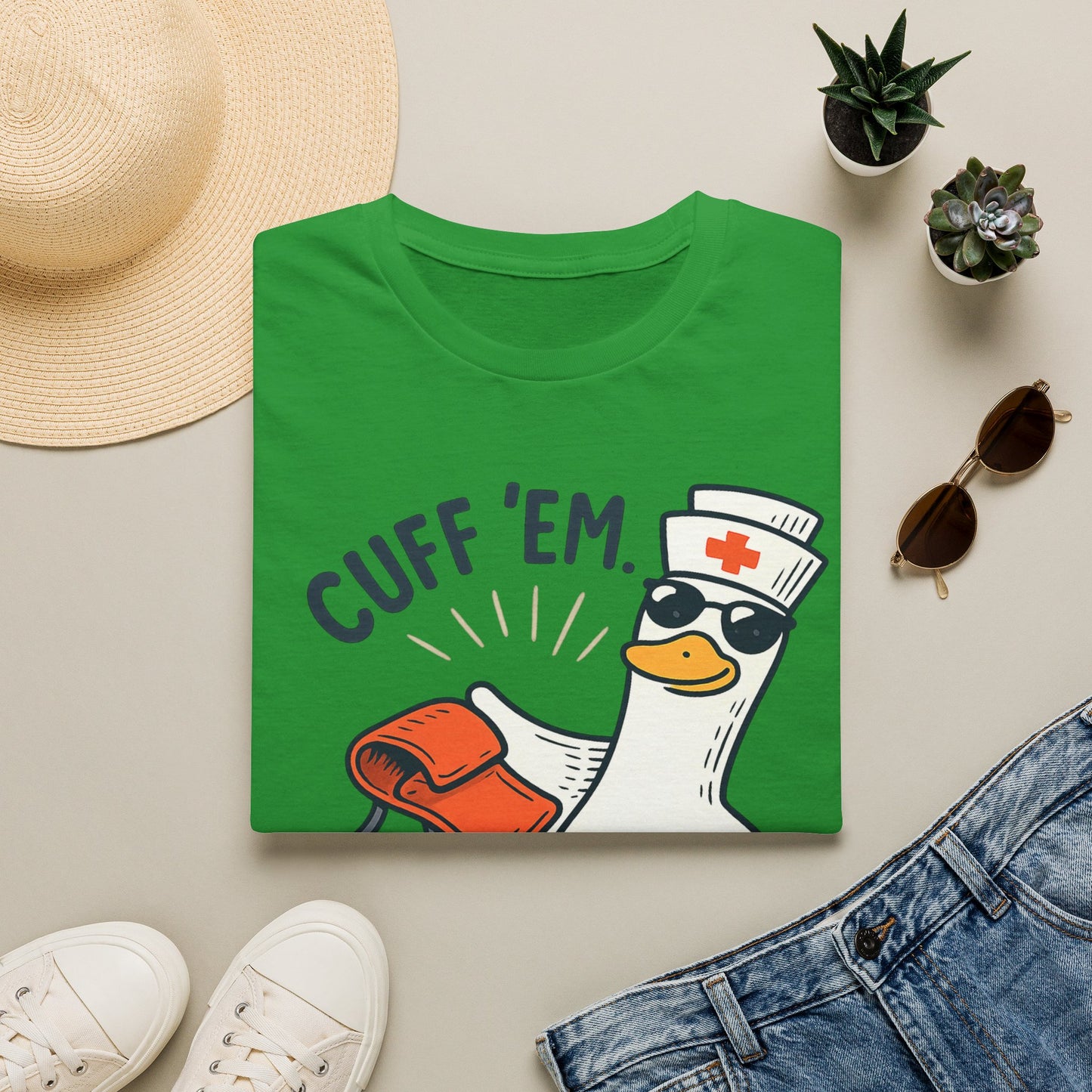 Nurse Goose "Cuff 'Em" T-Shirt — Funny Medical Humor Tee for Nurses & EMTs