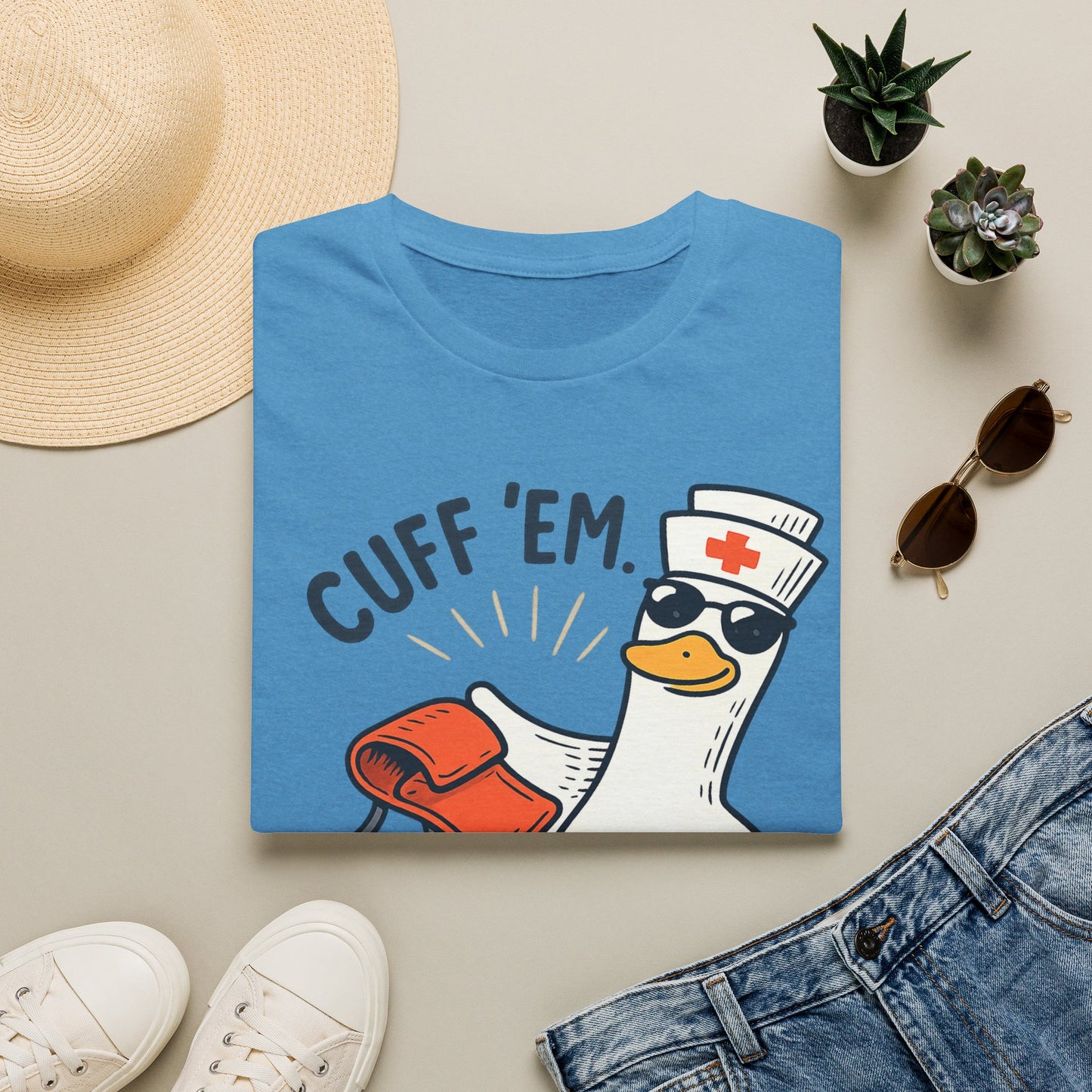 Nurse Goose "Cuff 'Em" T-Shirt — Funny Medical Humor Tee for Nurses & EMTs