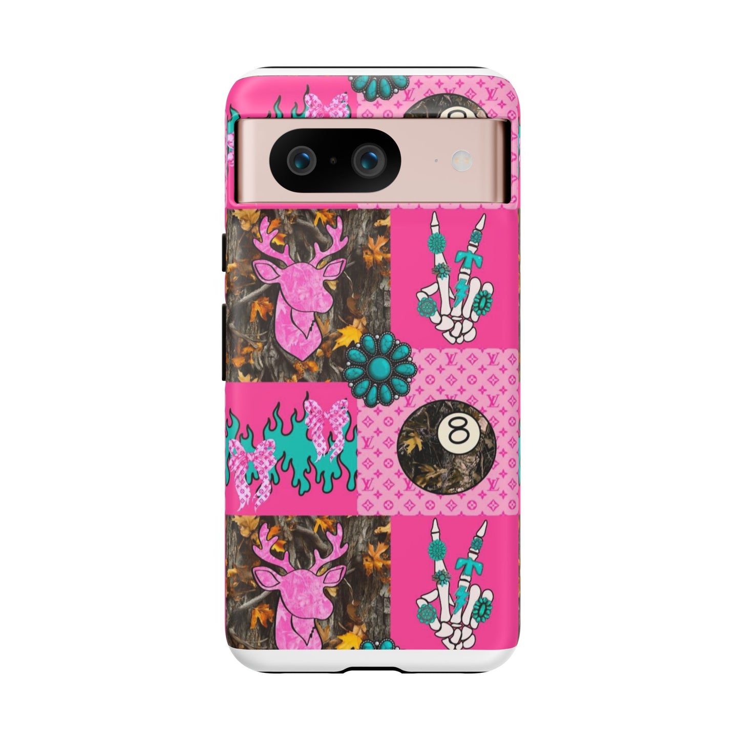 Pink Country Patchwork Phone Case – Billiard 8-Ball, Deer & Skeleton Hand Design