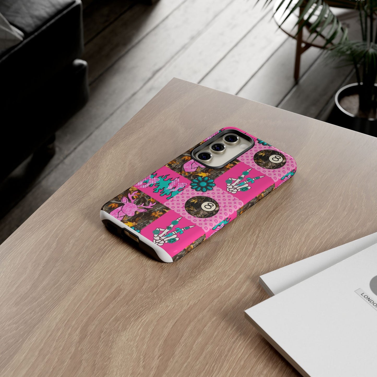 Pink Country Patchwork Phone Case – Billiard 8-Ball, Deer & Skeleton Hand Design