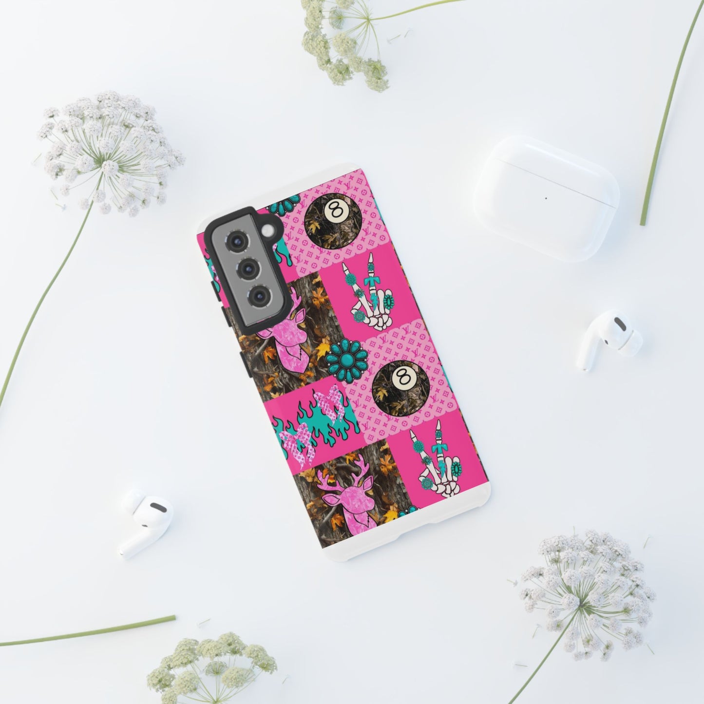 Pink Country Patchwork Phone Case – Billiard 8-Ball, Deer & Skeleton Hand Design