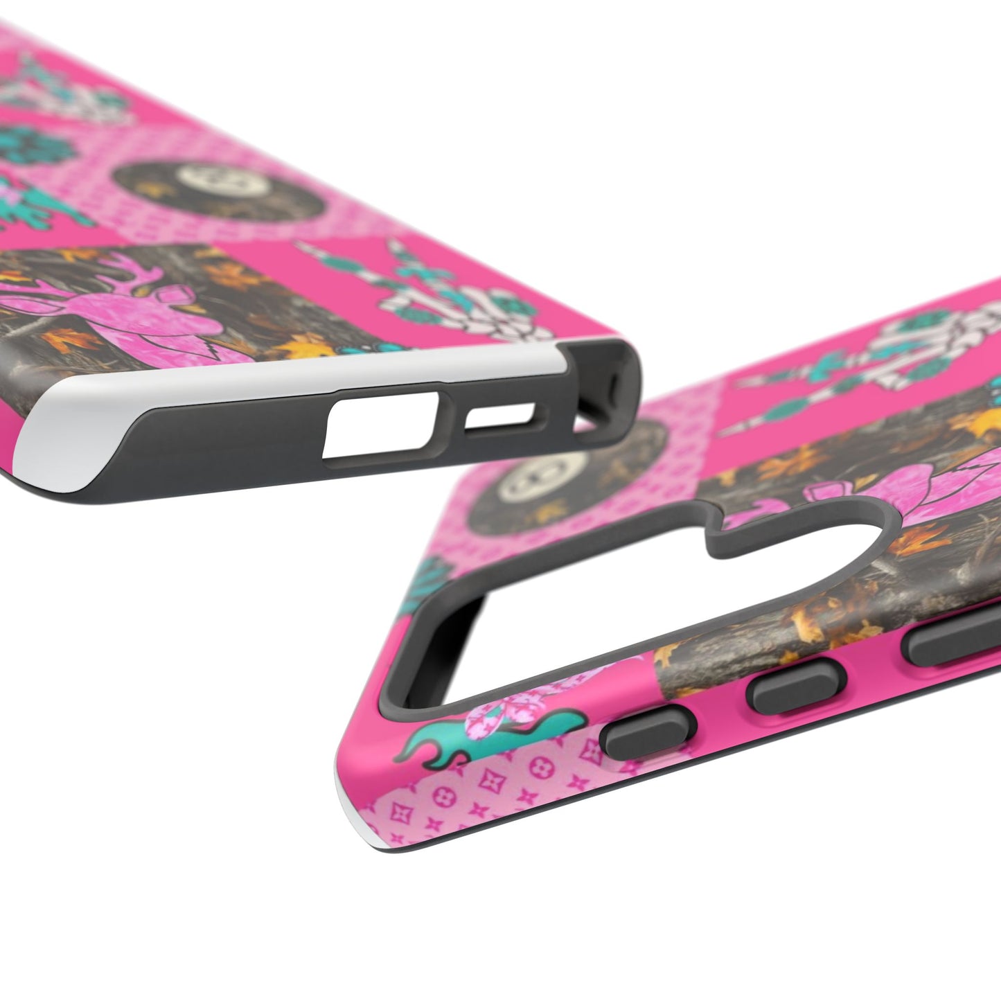 Pink Country Patchwork Phone Case – Billiard 8-Ball, Deer & Skeleton Hand Design