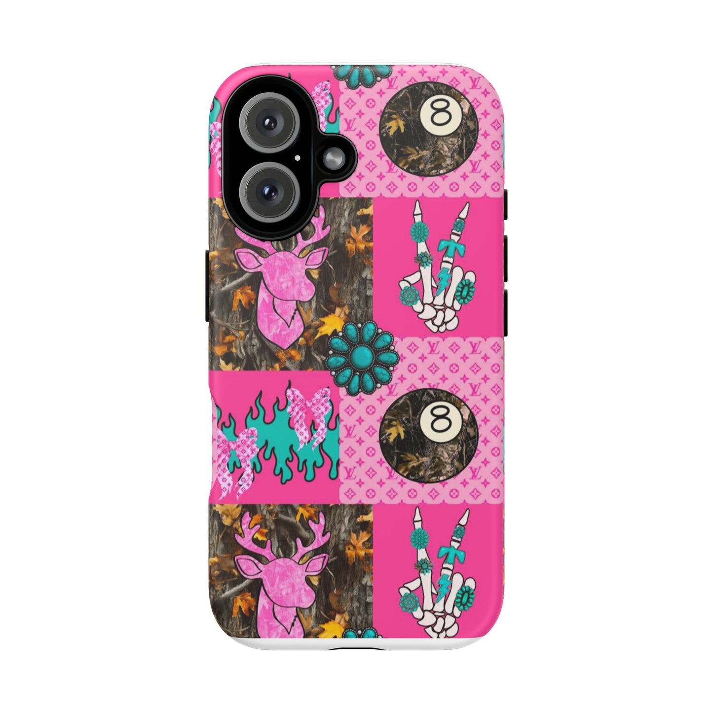 Pink Country Patchwork Phone Case – Billiard 8-Ball, Deer & Skeleton Hand Design