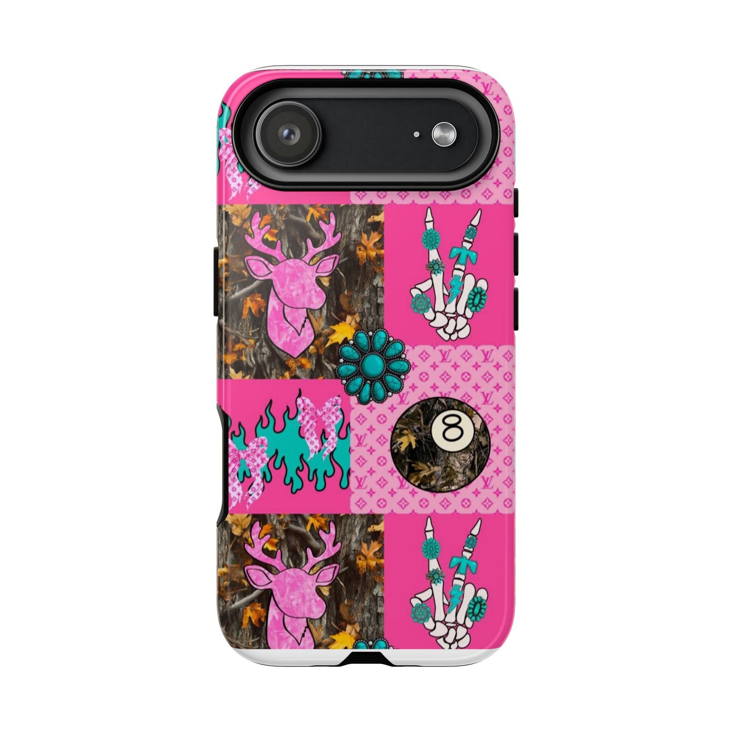 Pink Country Patchwork Phone Case – Billiard 8-Ball, Deer & Skeleton Hand Design