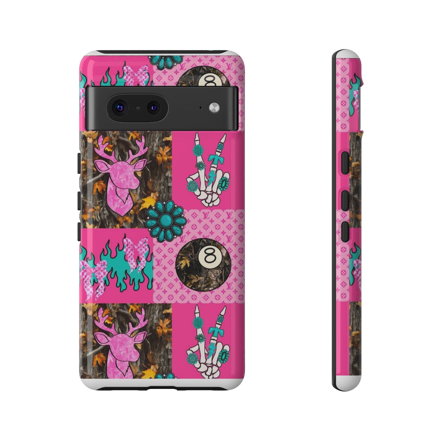 Pink Country Patchwork Phone Case – Billiard 8-Ball, Deer & Skeleton Hand Design