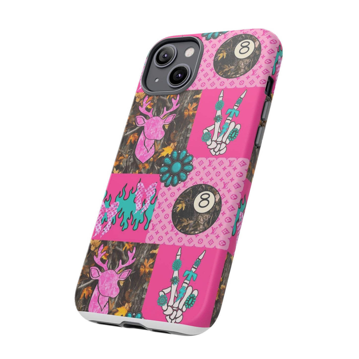Pink Country Patchwork Phone Case – Billiard 8-Ball, Deer & Skeleton Hand Design