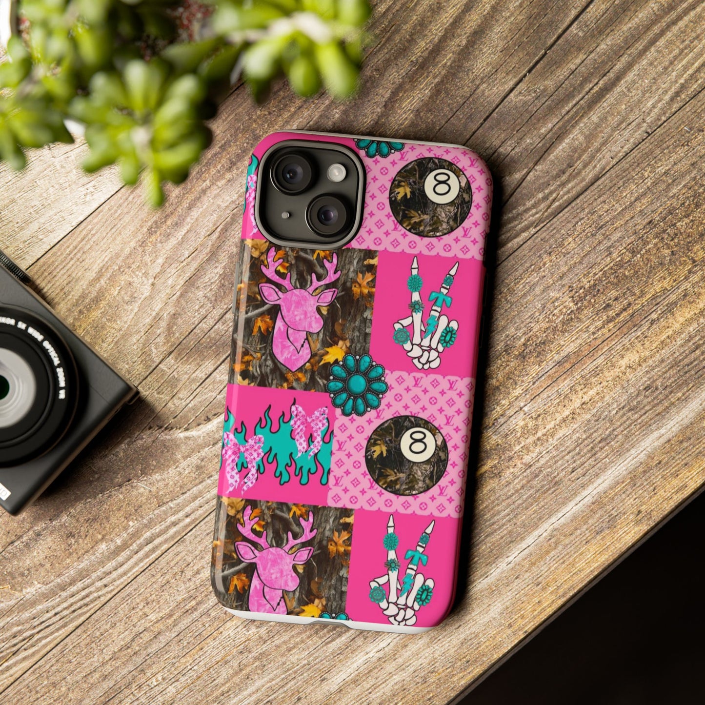 Pink Country Patchwork Phone Case – Billiard 8-Ball, Deer & Skeleton Hand Design