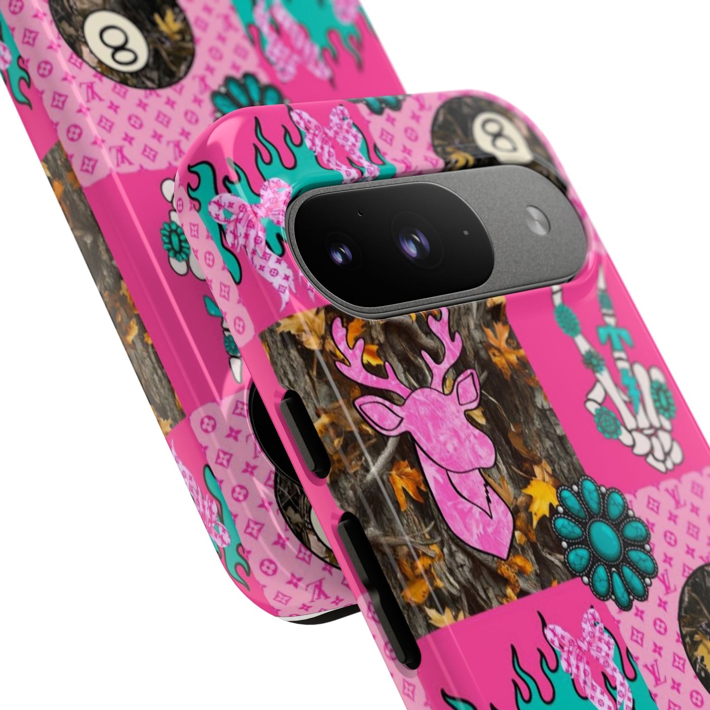 Pink Country Patchwork Phone Case – Billiard 8-Ball, Deer & Skeleton Hand Design