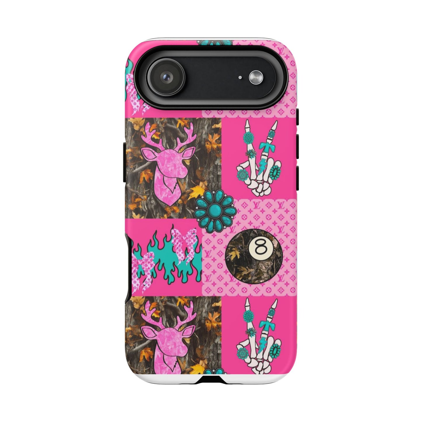 Pink Country Patchwork Phone Case – Billiard 8-Ball, Deer & Skeleton Hand Design