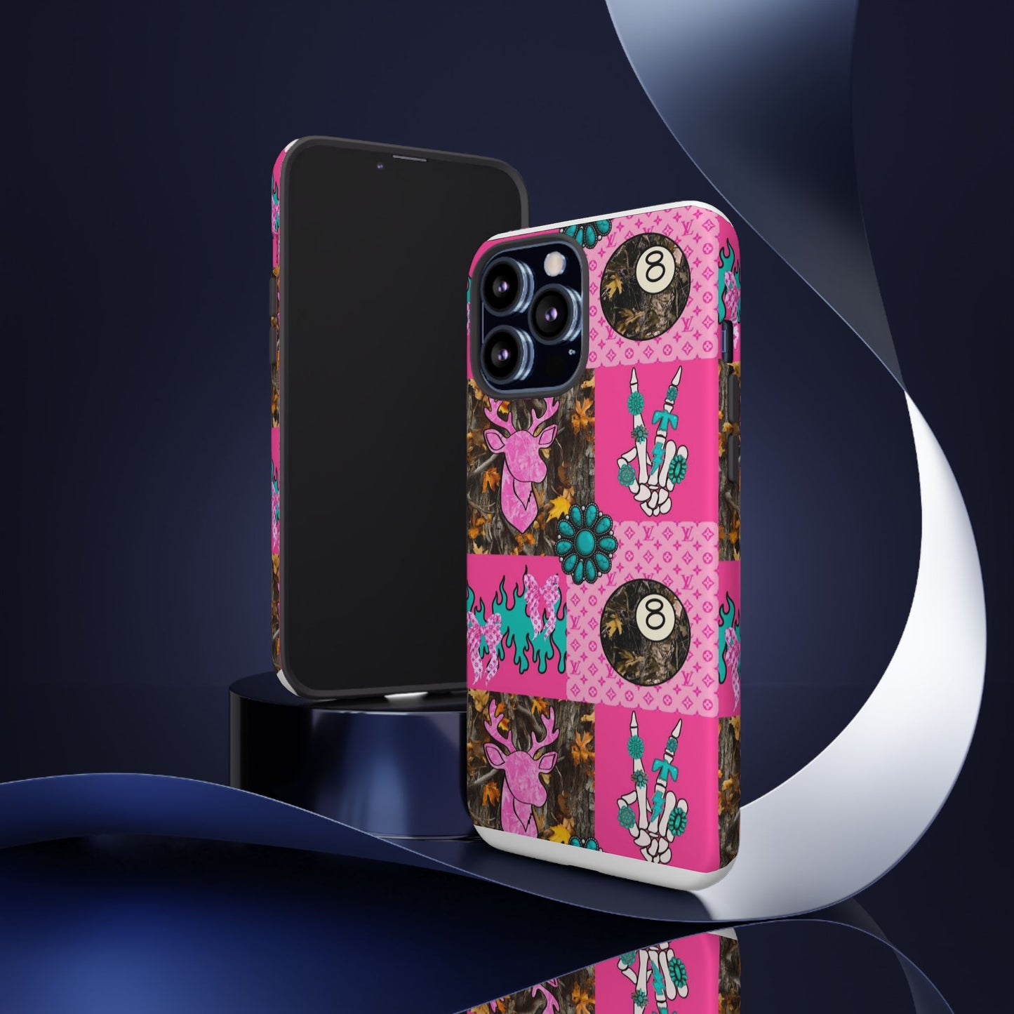 Pink Country Patchwork Phone Case – Billiard 8-Ball, Deer & Skeleton Hand Design