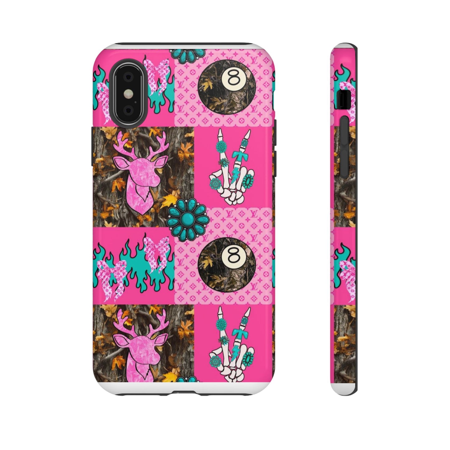 Pink Country Patchwork Phone Case – Billiard 8-Ball, Deer & Skeleton Hand Design