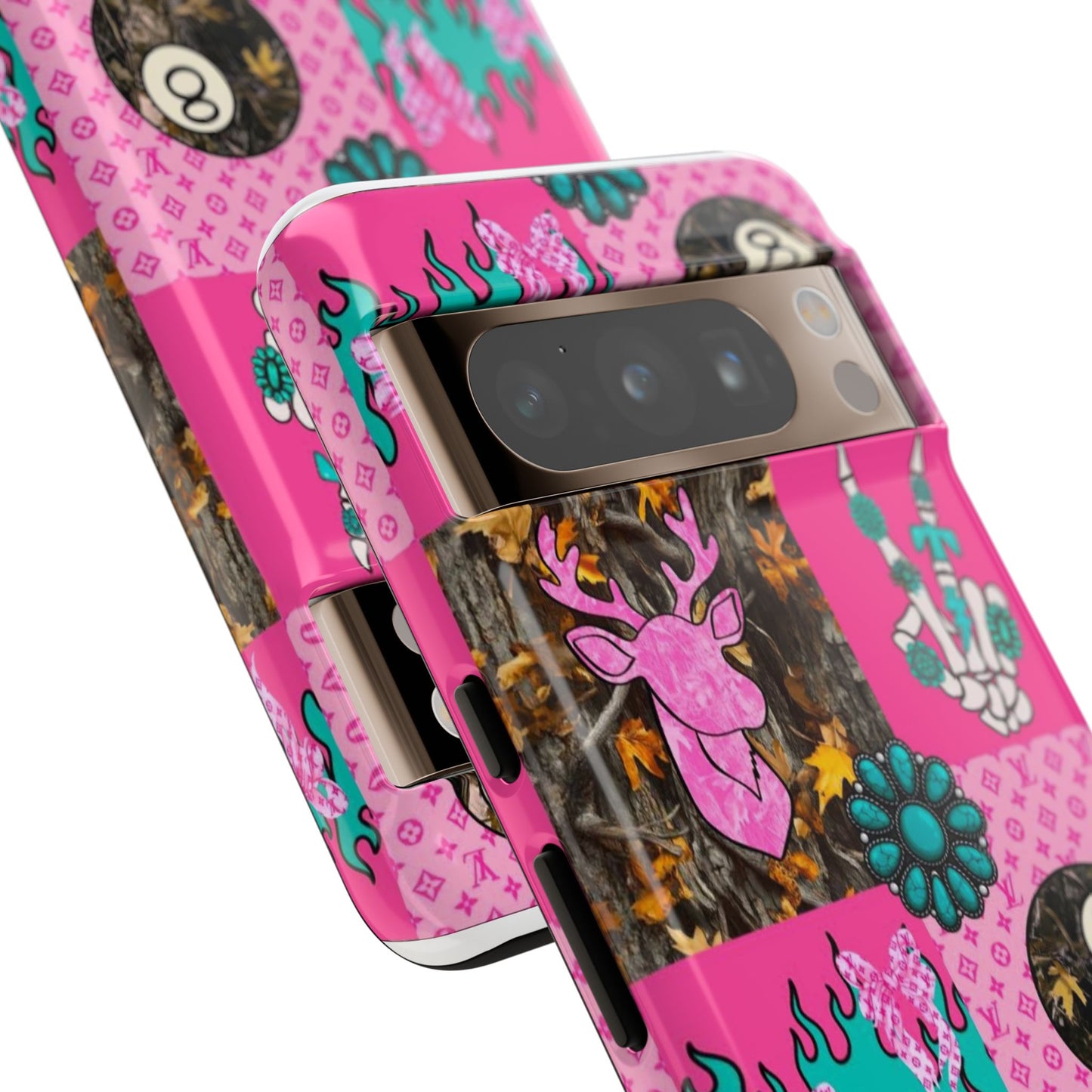 Pink Country Patchwork Phone Case – Billiard 8-Ball, Deer & Skeleton Hand Design