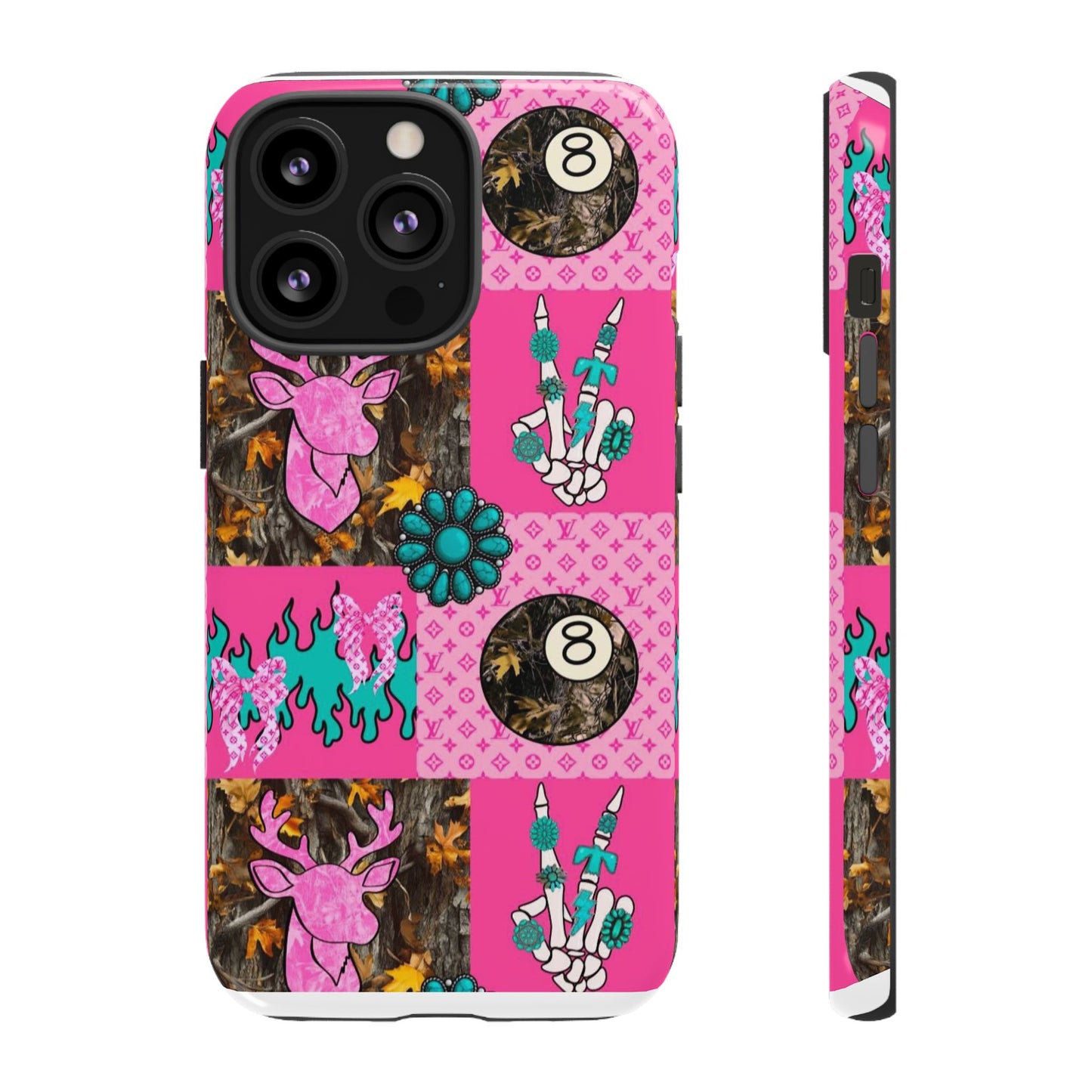 Pink Country Patchwork Phone Case – Billiard 8-Ball, Deer & Skeleton Hand Design