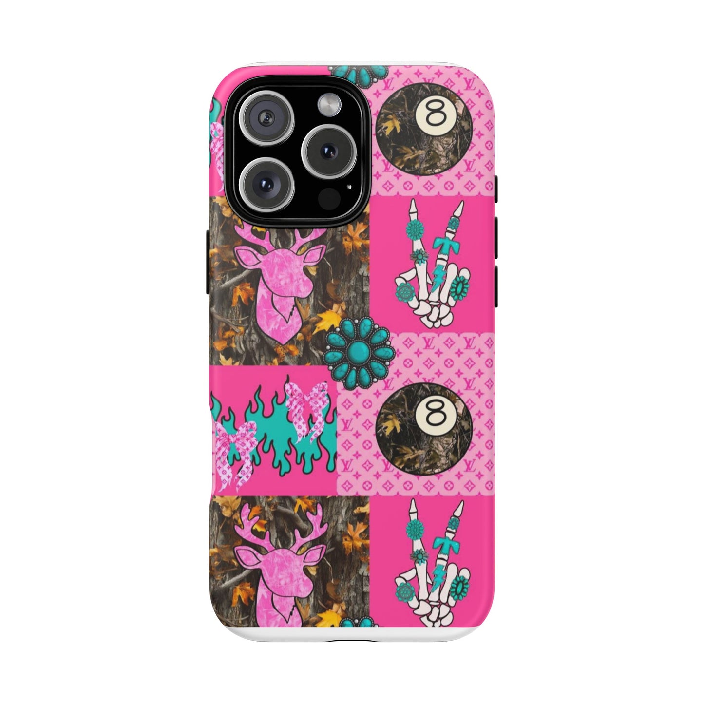 Pink Country Patchwork Phone Case – Billiard 8-Ball, Deer & Skeleton Hand Design