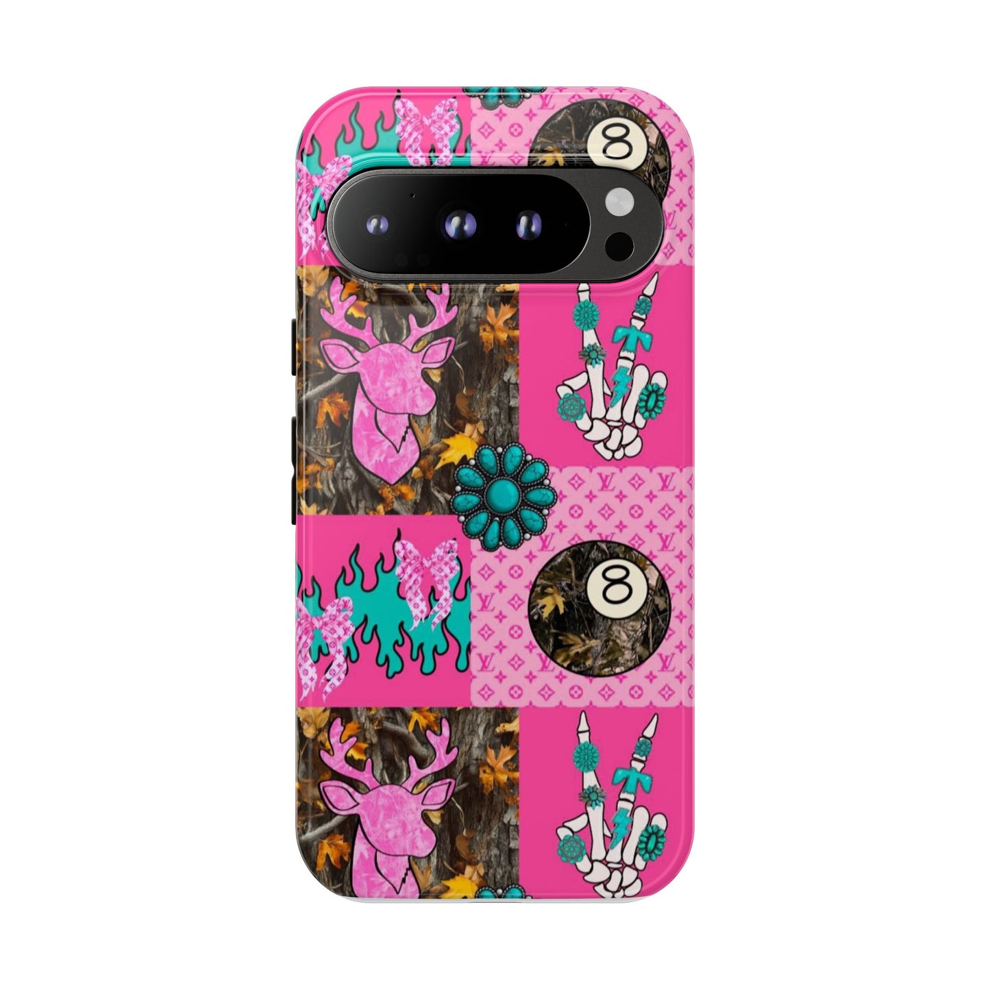 Pink Country Patchwork Phone Case – Billiard 8-Ball, Deer & Skeleton Hand Design