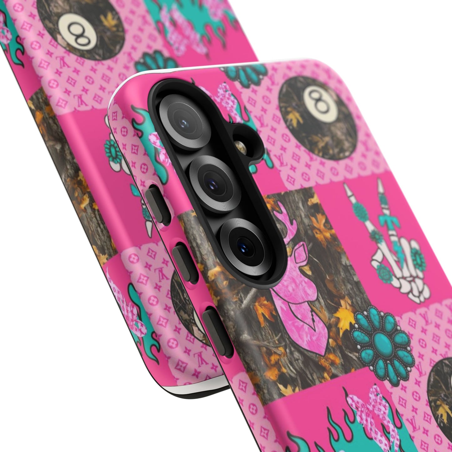 Pink Country Patchwork Phone Case – Billiard 8-Ball, Deer & Skeleton Hand Design