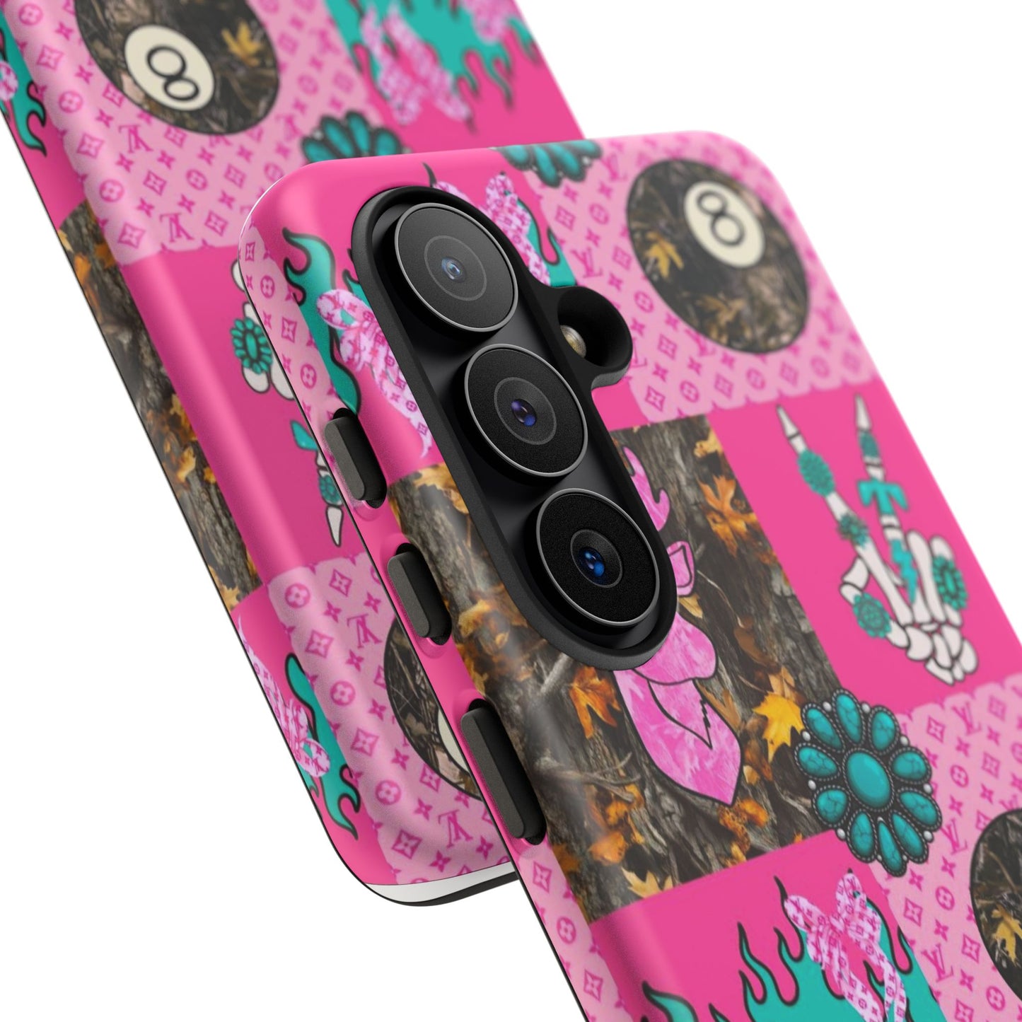 Pink Country Patchwork Phone Case – Billiard 8-Ball, Deer & Skeleton Hand Design