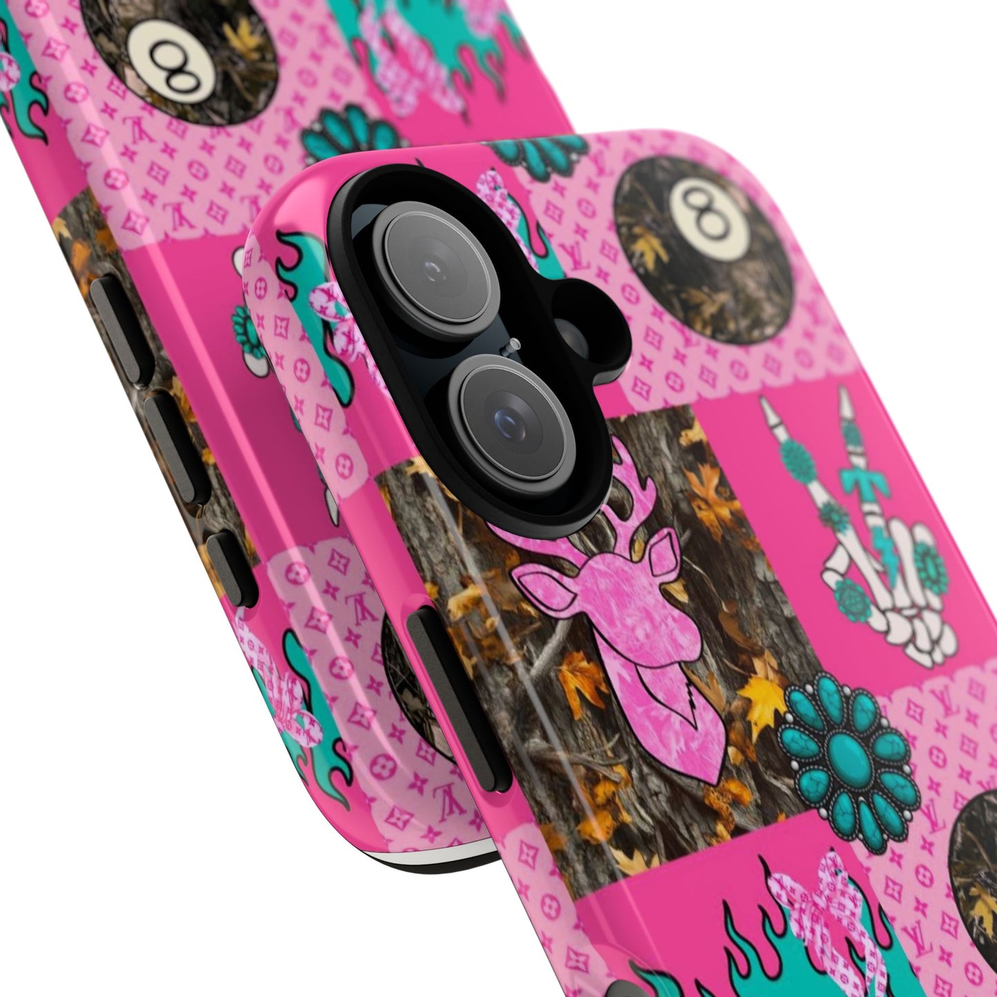 Pink Country Patchwork Phone Case – Billiard 8-Ball, Deer & Skeleton Hand Design