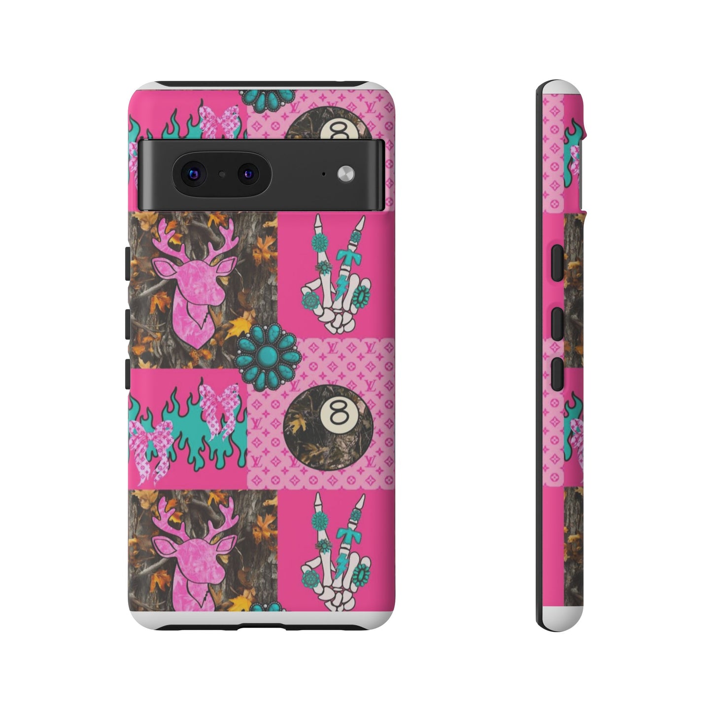 Pink Country Patchwork Phone Case – Billiard 8-Ball, Deer & Skeleton Hand Design