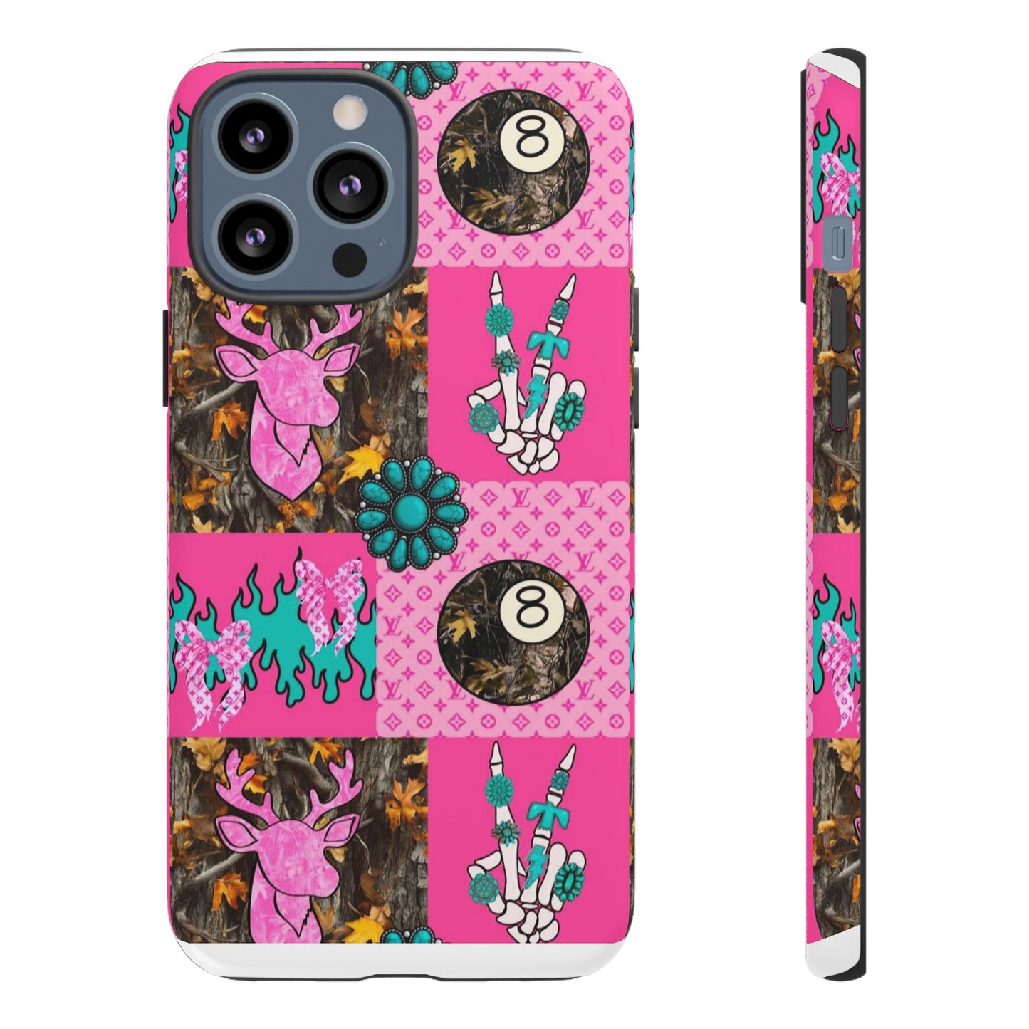Pink Country Patchwork Phone Case – Billiard 8-Ball, Deer & Skeleton Hand Design