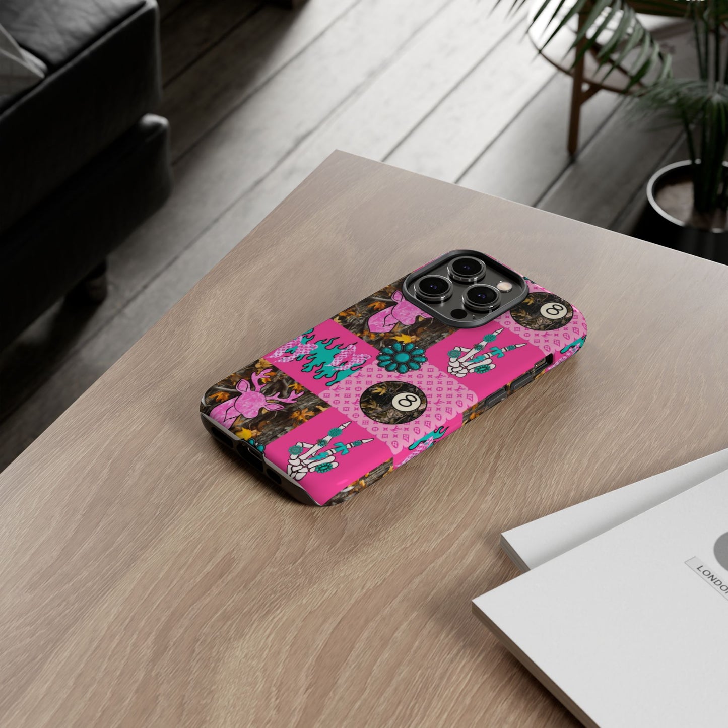 Pink Country Patchwork Phone Case – Billiard 8-Ball, Deer & Skeleton Hand Design