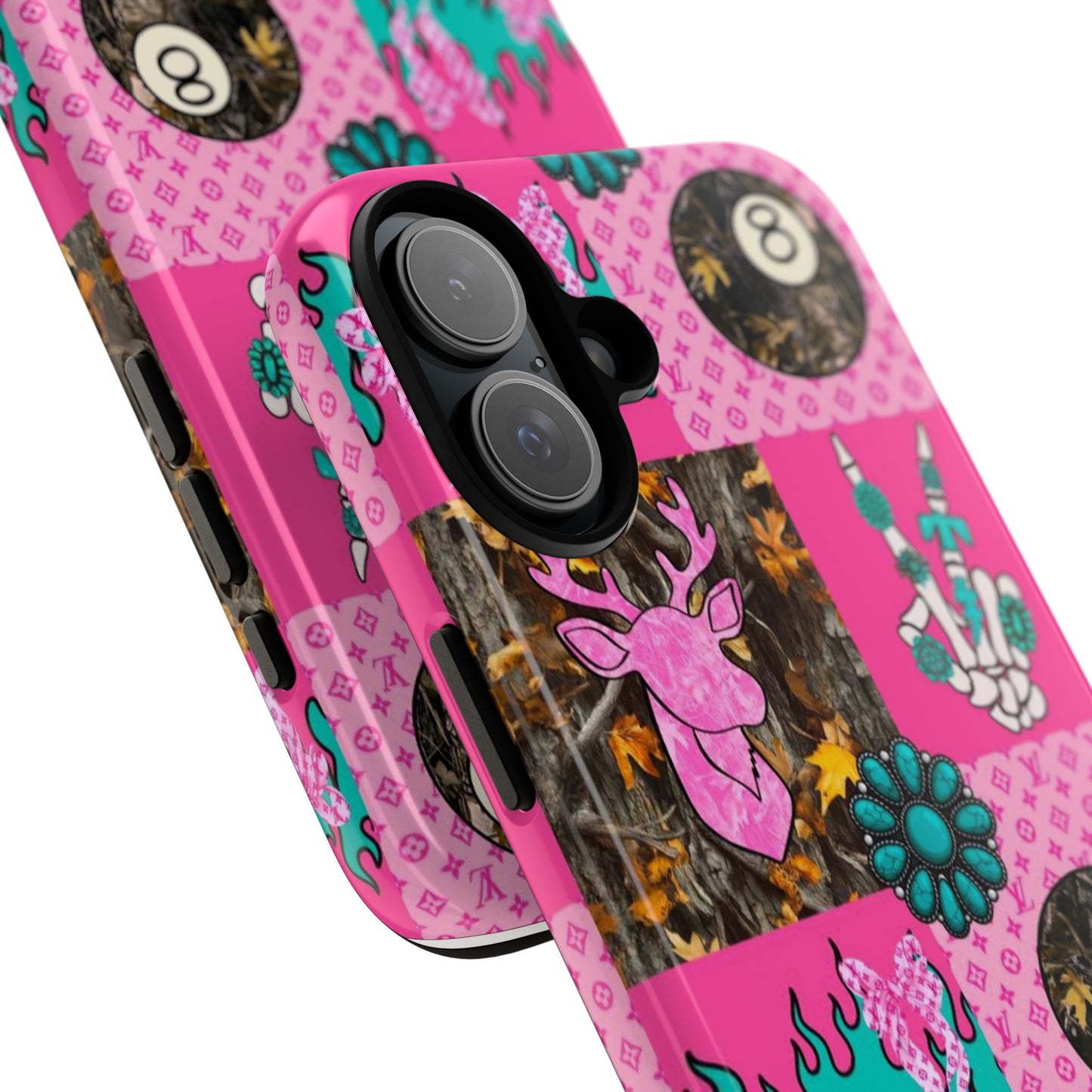 Pink Country Patchwork Phone Case – Billiard 8-Ball, Deer & Skeleton Hand Design