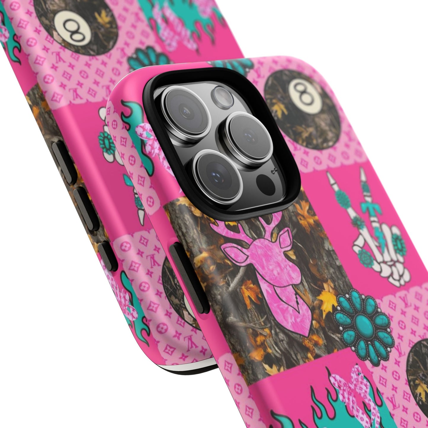 Pink Country Patchwork Phone Case – Billiard 8-Ball, Deer & Skeleton Hand Design