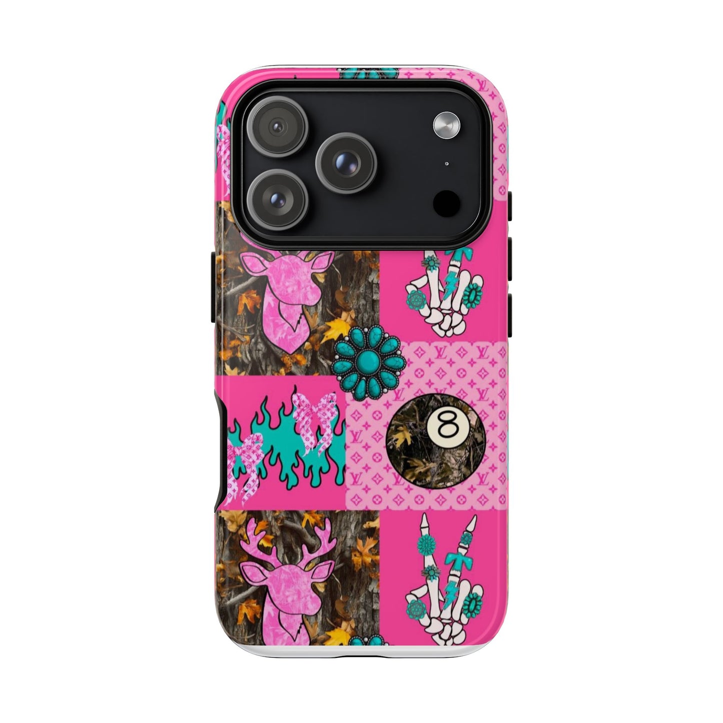 Pink Country Patchwork Phone Case – Billiard 8-Ball, Deer & Skeleton Hand Design