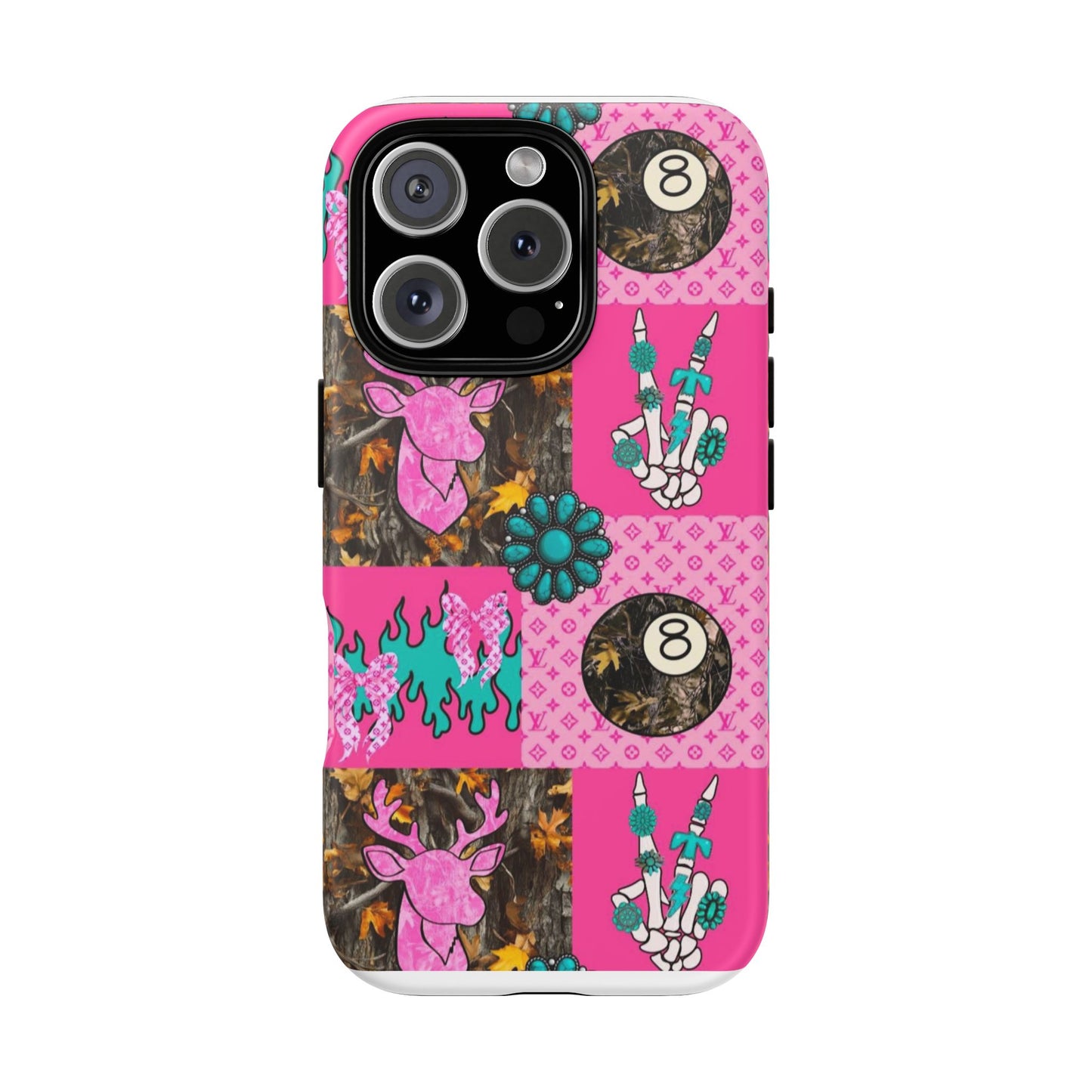 Pink Country Patchwork Phone Case – Billiard 8-Ball, Deer & Skeleton Hand Design