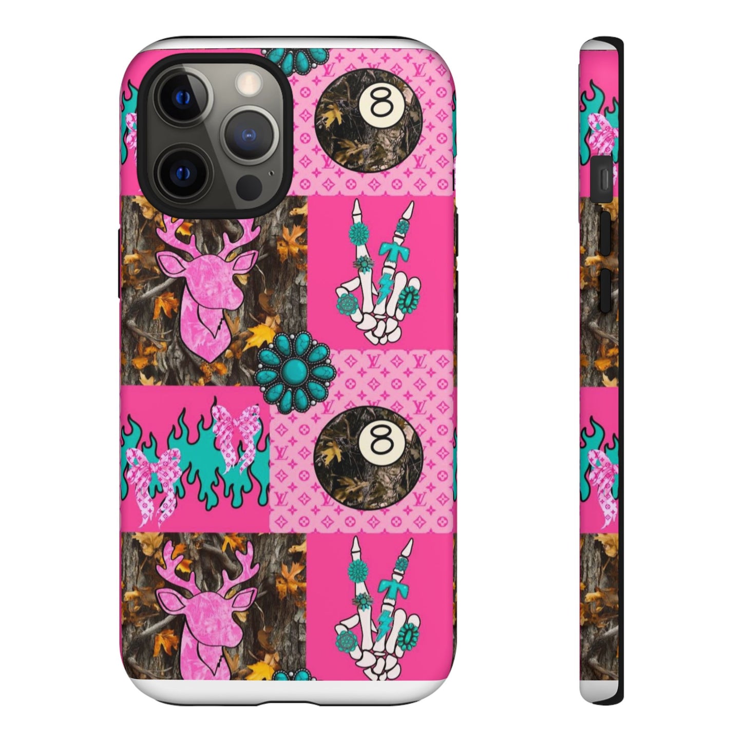 Pink Country Patchwork Phone Case – Billiard 8-Ball, Deer & Skeleton Hand Design