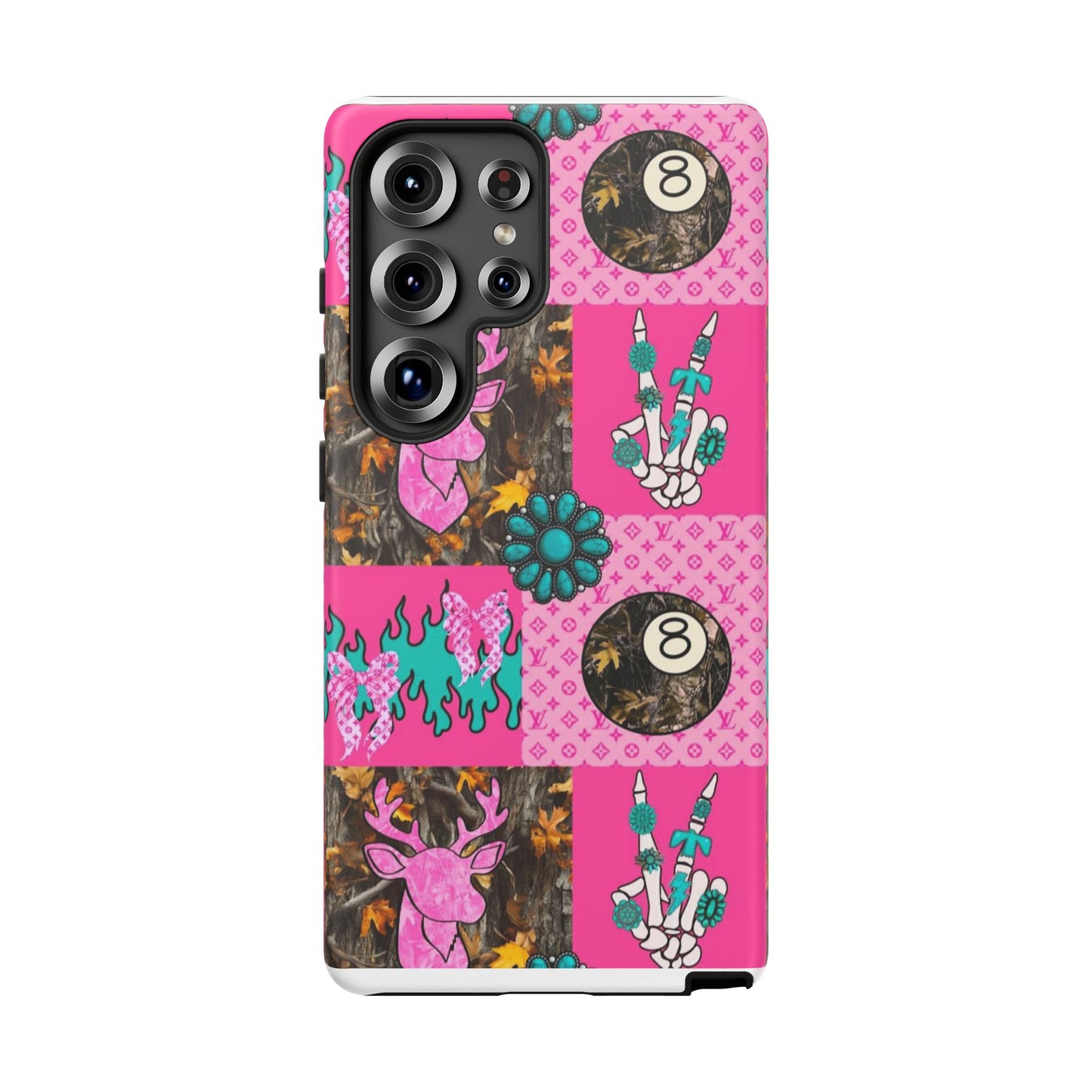 Pink Country Patchwork Phone Case – Billiard 8-Ball, Deer & Skeleton Hand Design
