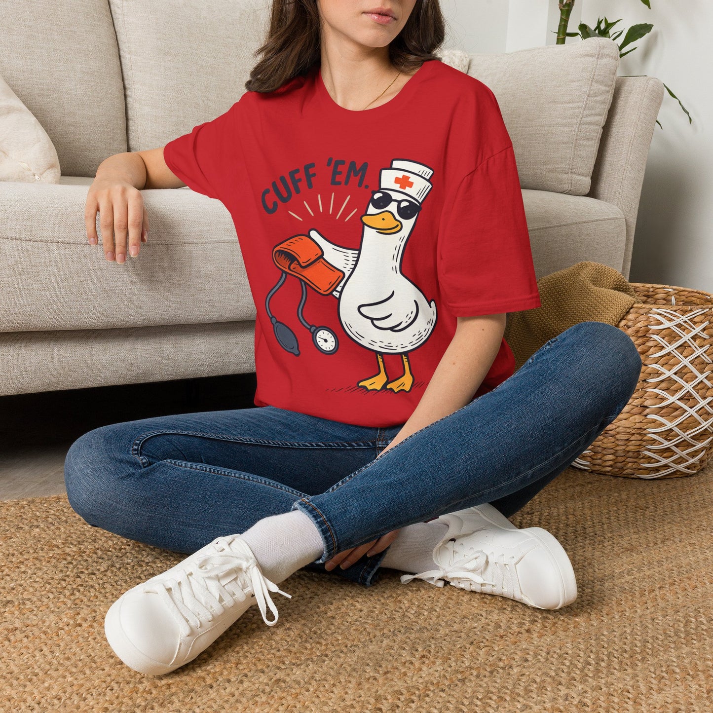 Nurse Goose "Cuff 'Em" T-Shirt — Funny Medical Humor Tee for Nurses & EMTs