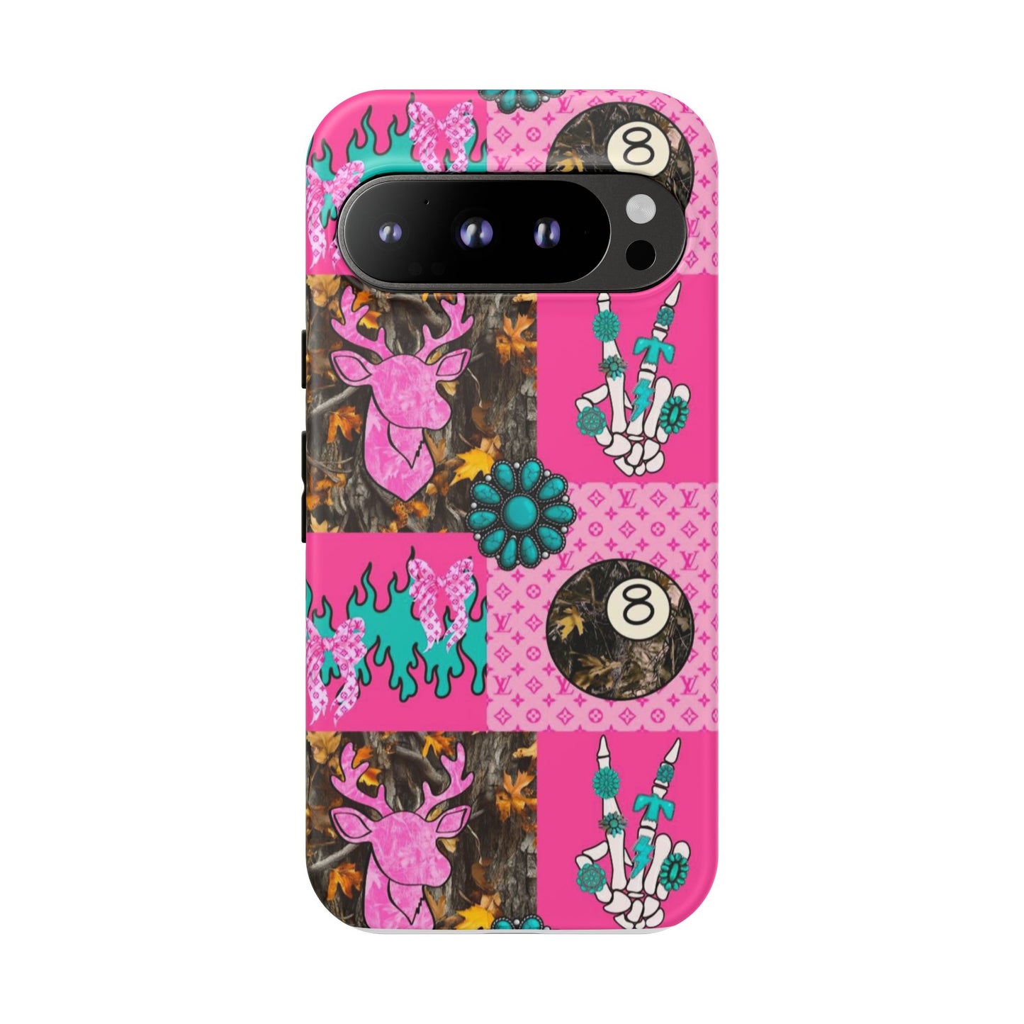 Pink Country Patchwork Phone Case – Billiard 8-Ball, Deer & Skeleton Hand Design