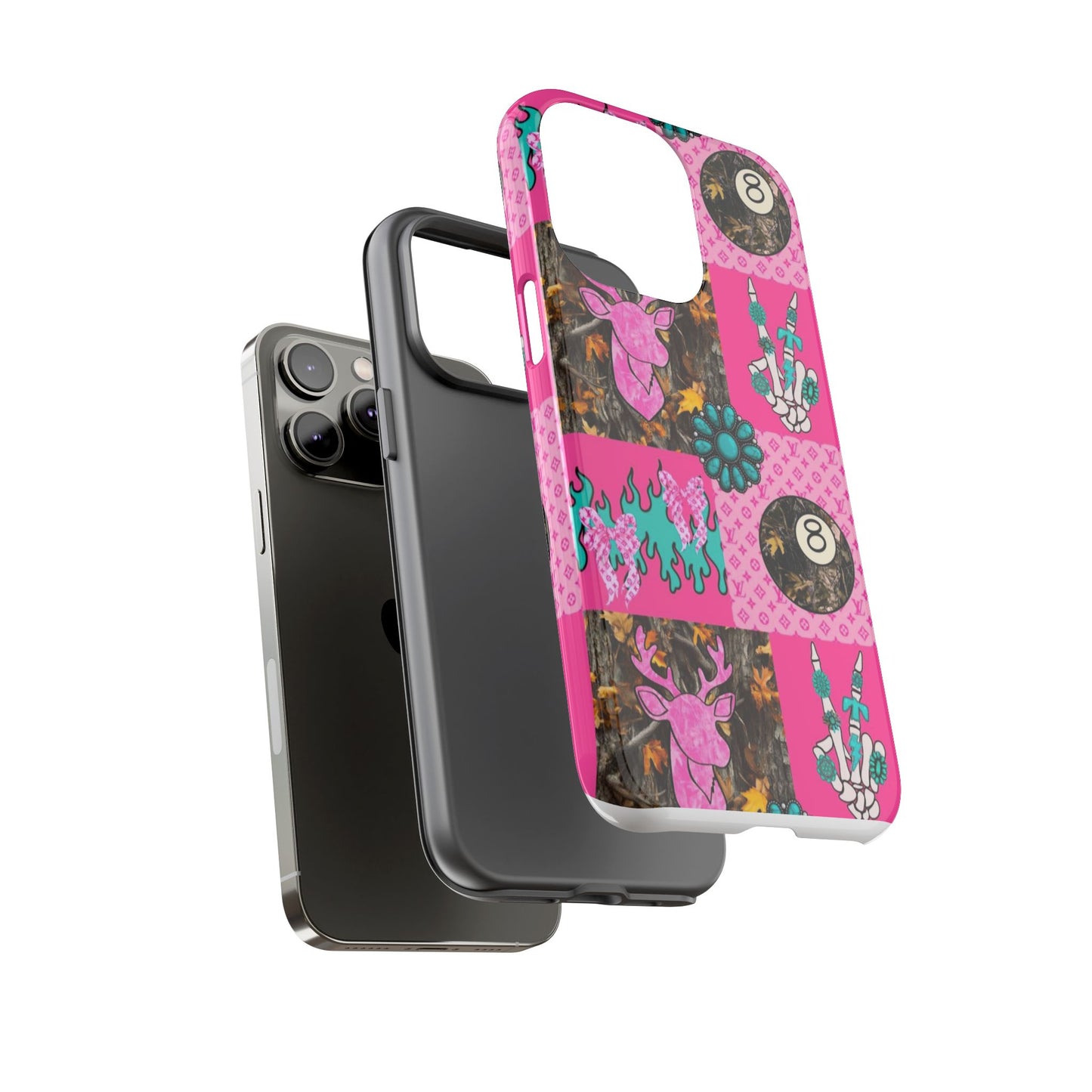 Pink Country Patchwork Phone Case – Billiard 8-Ball, Deer & Skeleton Hand Design