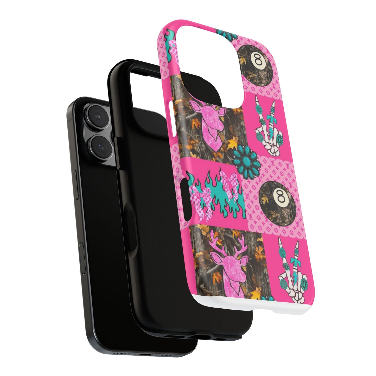 Pink Country Patchwork Phone Case – Billiard 8-Ball, Deer & Skeleton Hand Design