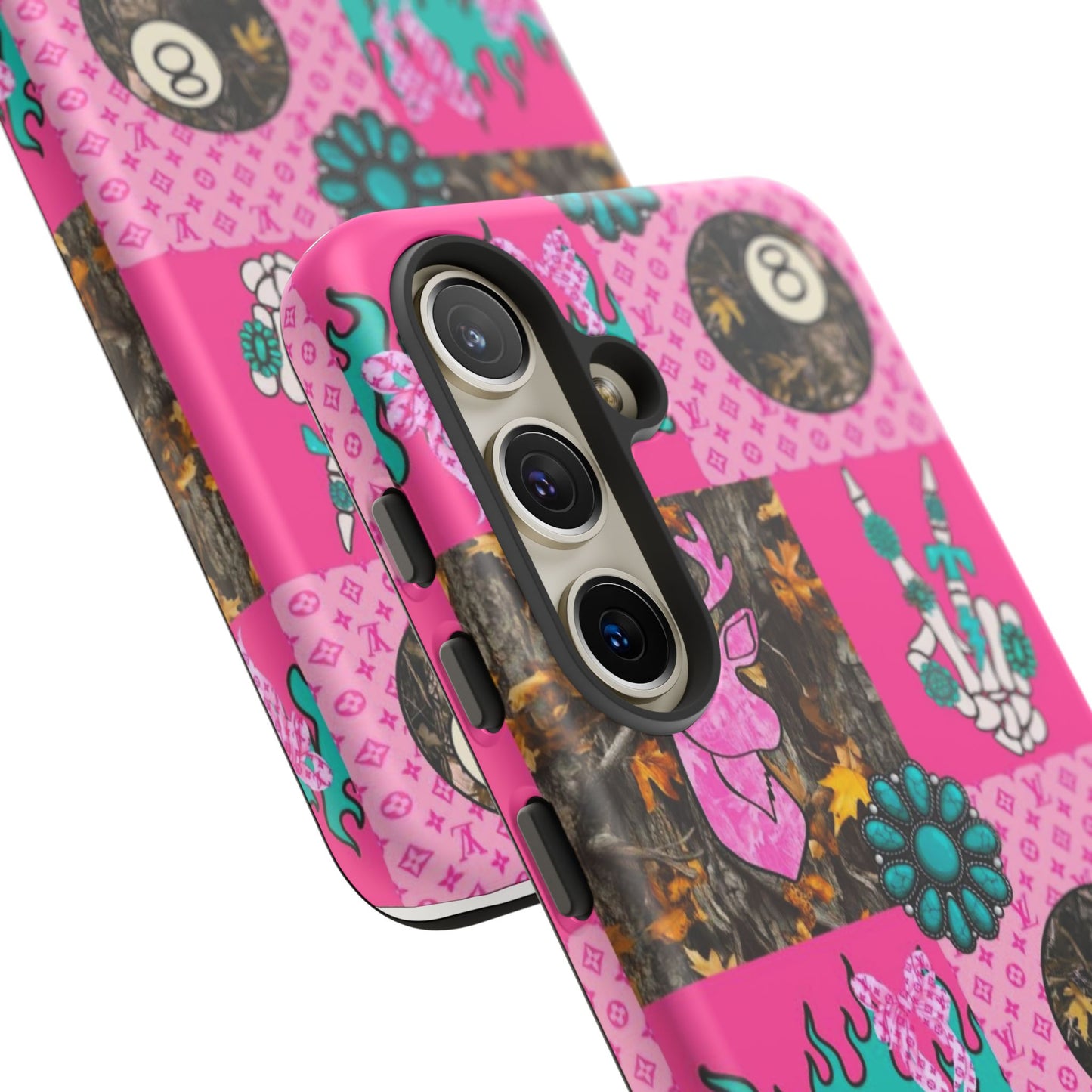 Pink Country Patchwork Phone Case – Billiard 8-Ball, Deer & Skeleton Hand Design