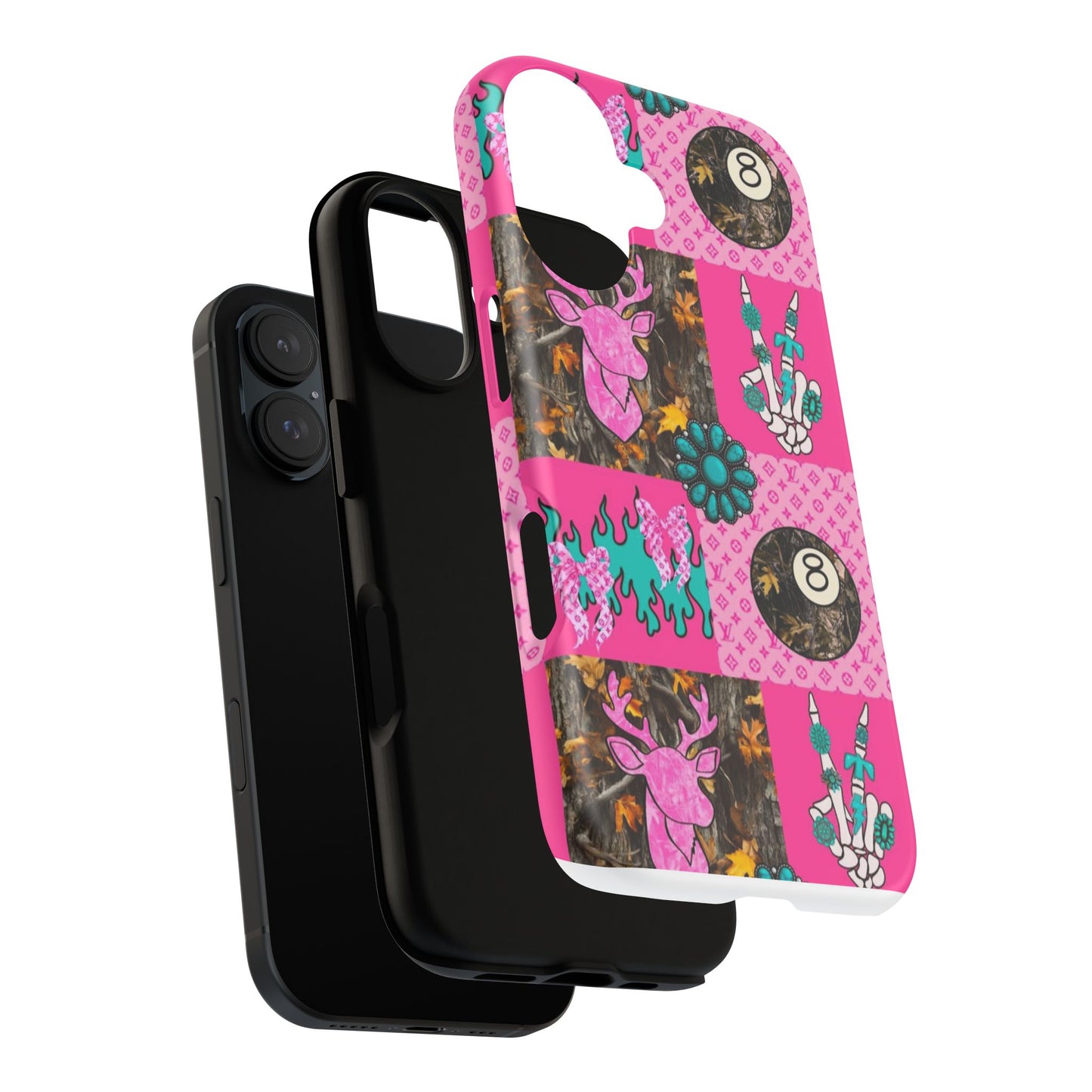 Pink Country Patchwork Phone Case – Billiard 8-Ball, Deer & Skeleton Hand Design