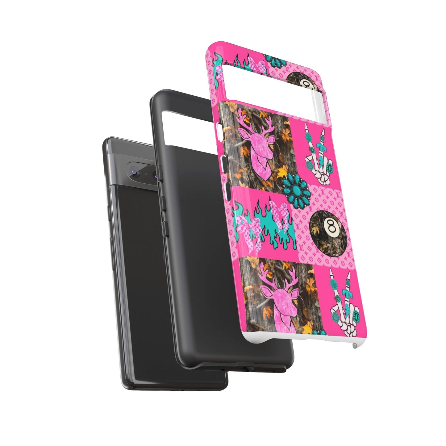 Pink Country Patchwork Phone Case – Billiard 8-Ball, Deer & Skeleton Hand Design