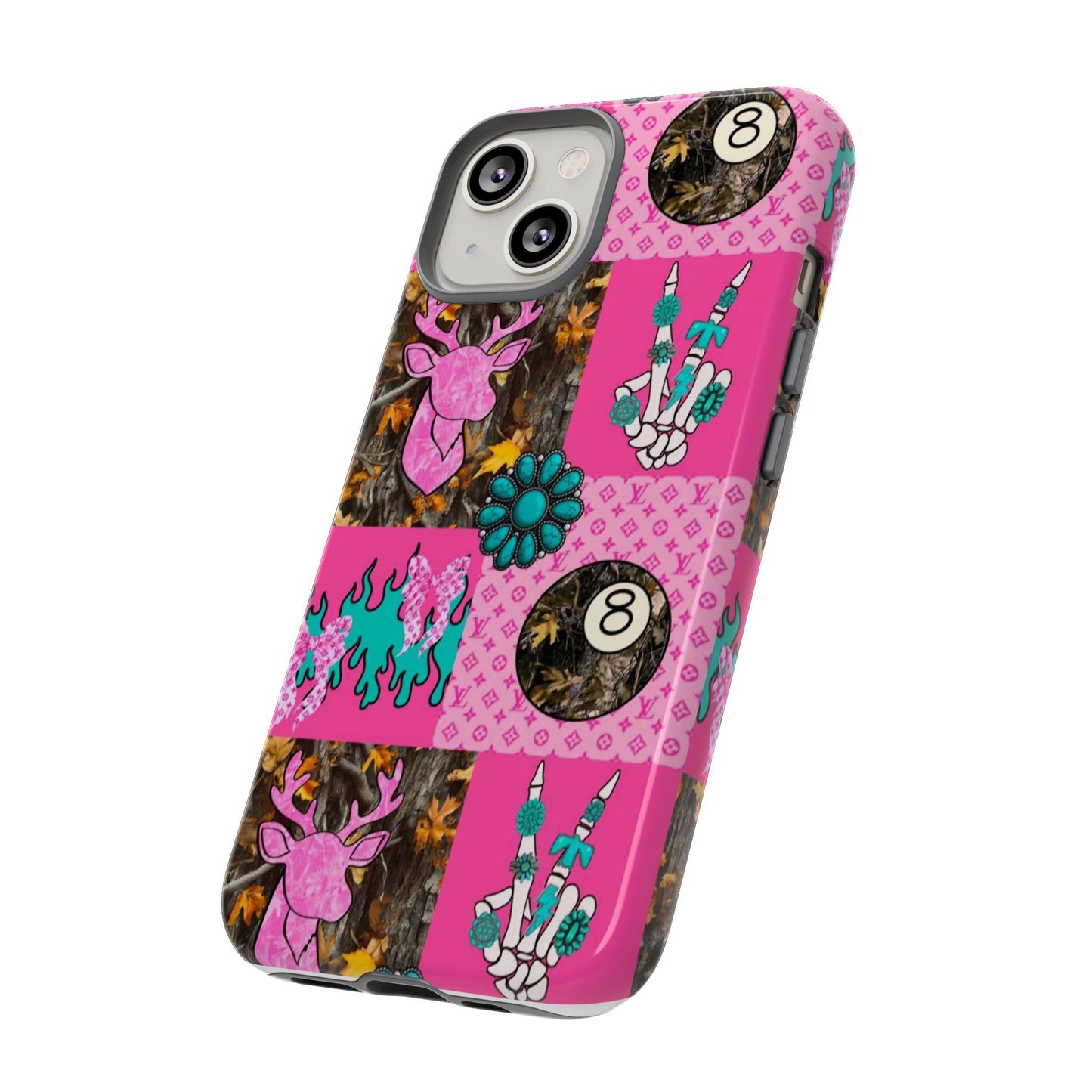 Pink Country Patchwork Phone Case – Billiard 8-Ball, Deer & Skeleton Hand Design