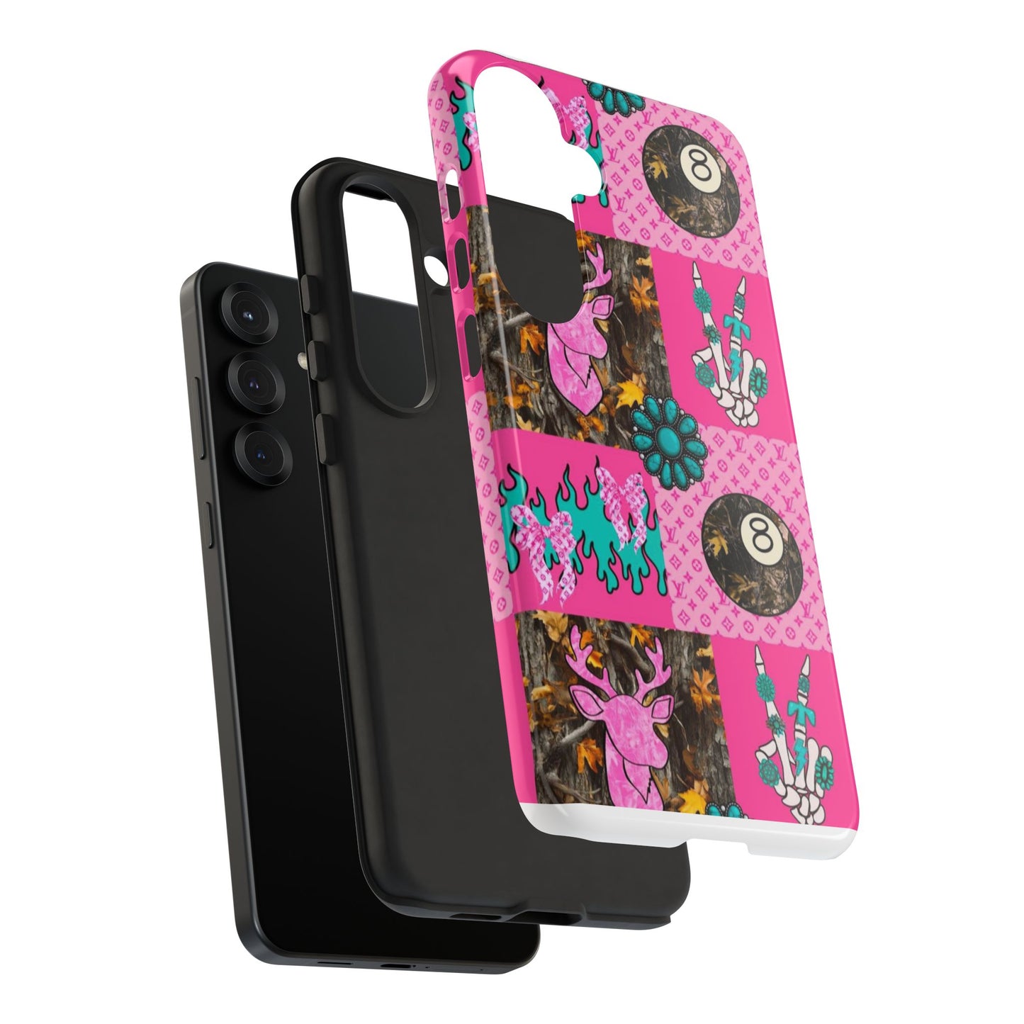 Pink Country Patchwork Phone Case – Billiard 8-Ball, Deer & Skeleton Hand Design